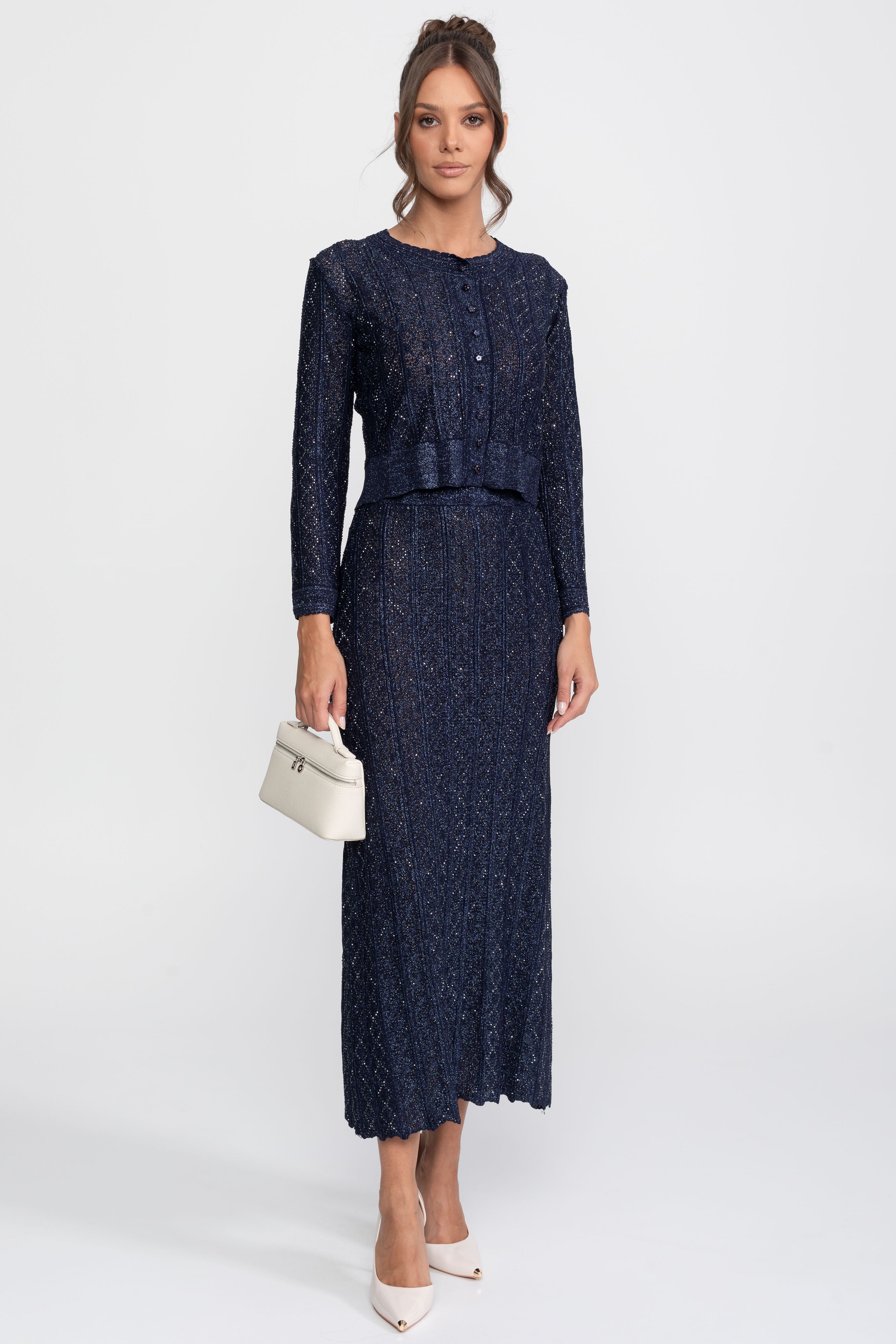 Long-Sleeve Diamond-Pattern Lace Co-Ord Set With Maxi Skirt - Navy