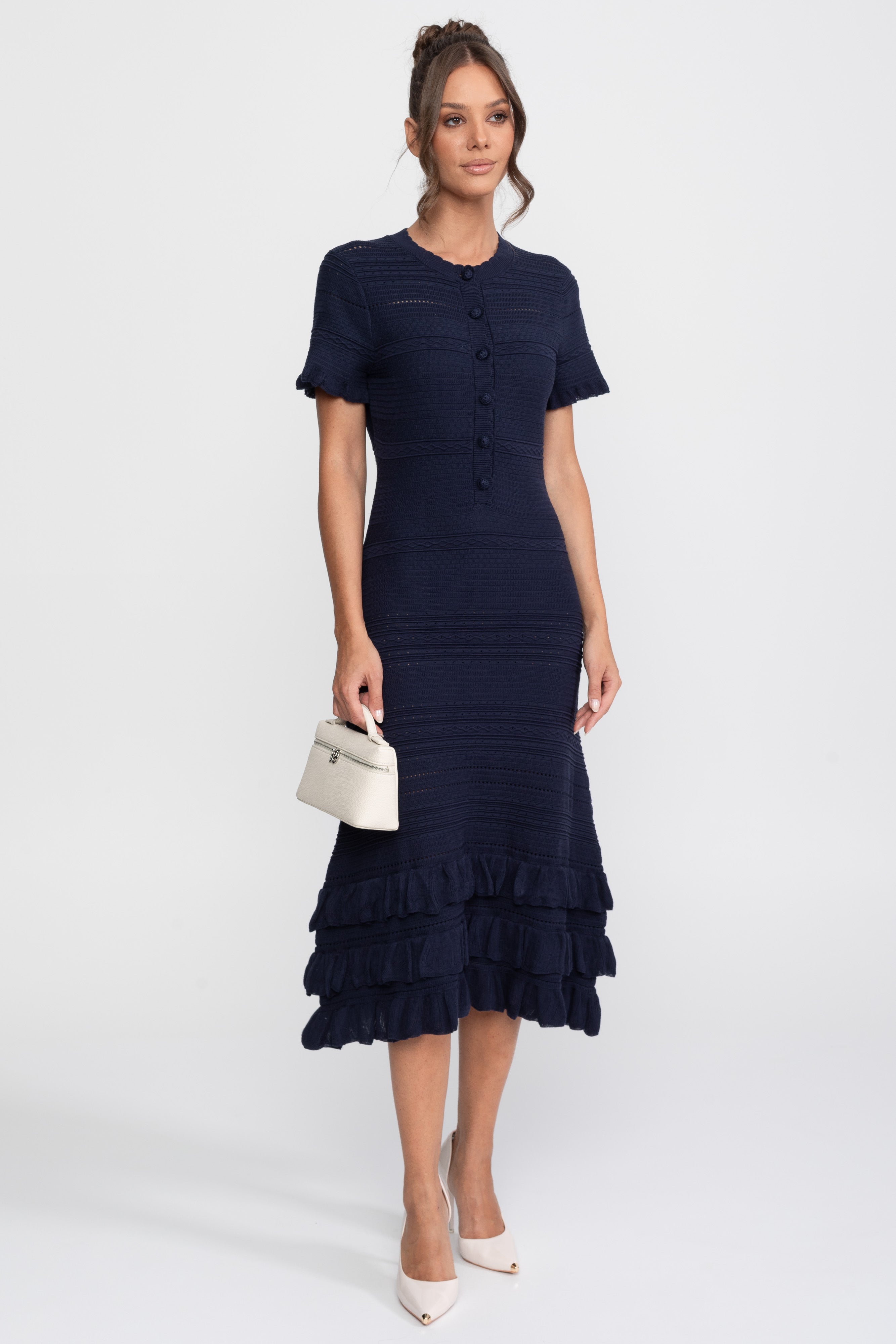 Ruffle Hem Knit Midi Dress With Button Front - Navy