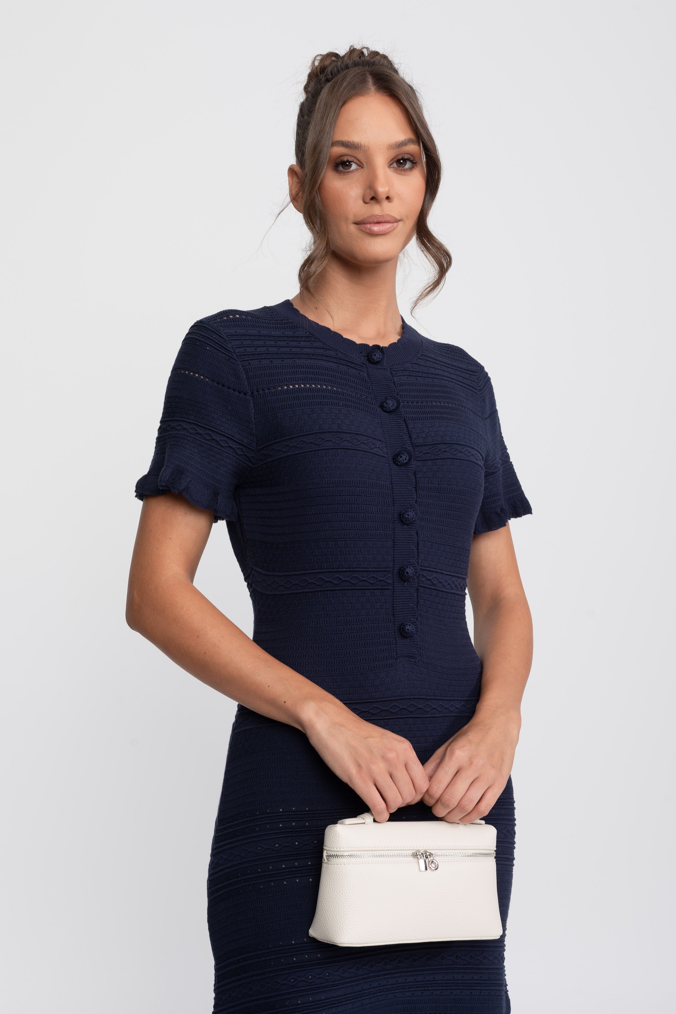 Ruffle Hem Knit Midi Dress With Button Front - Navy