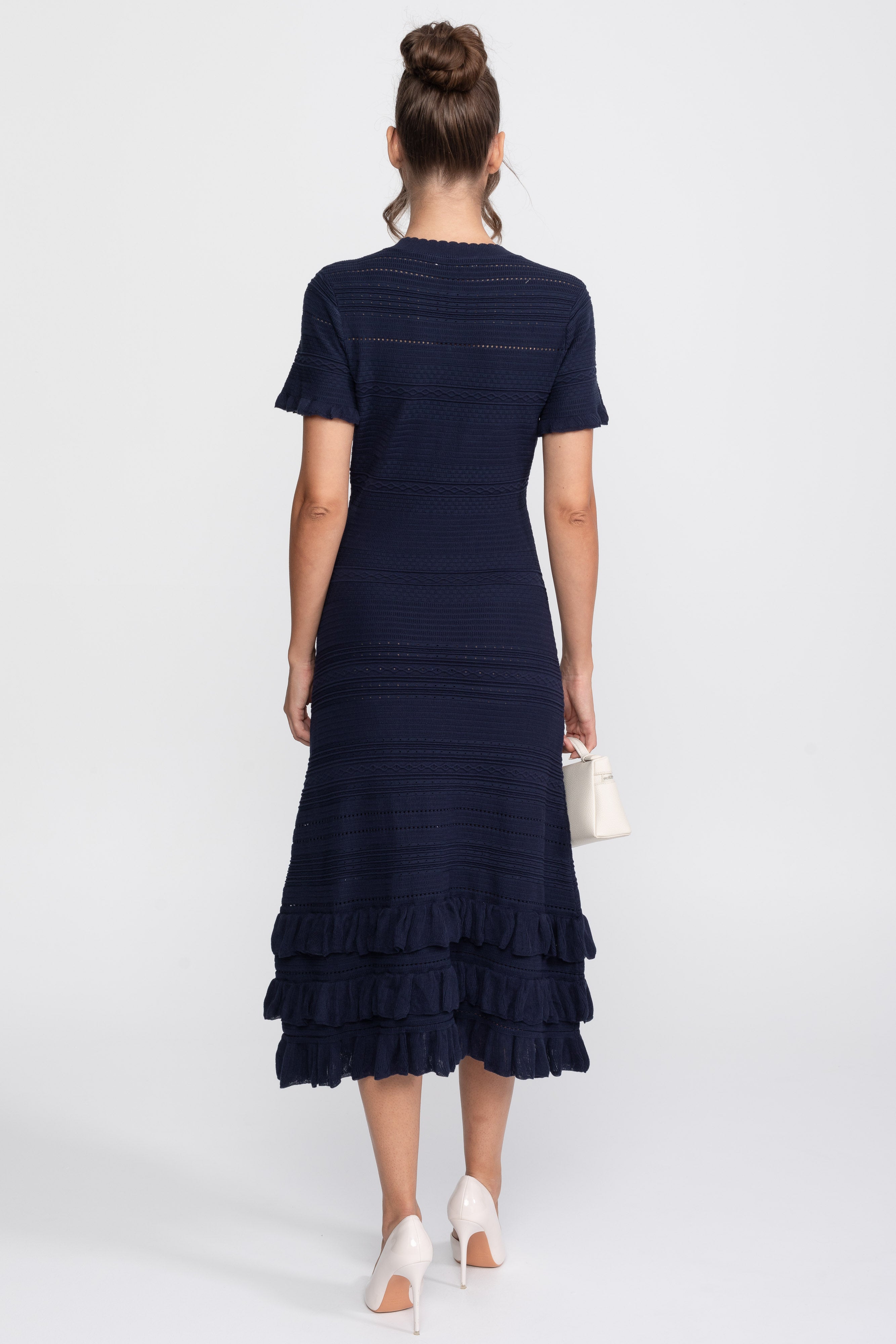 Ruffle Hem Knit Midi Dress With Button Front - Navy