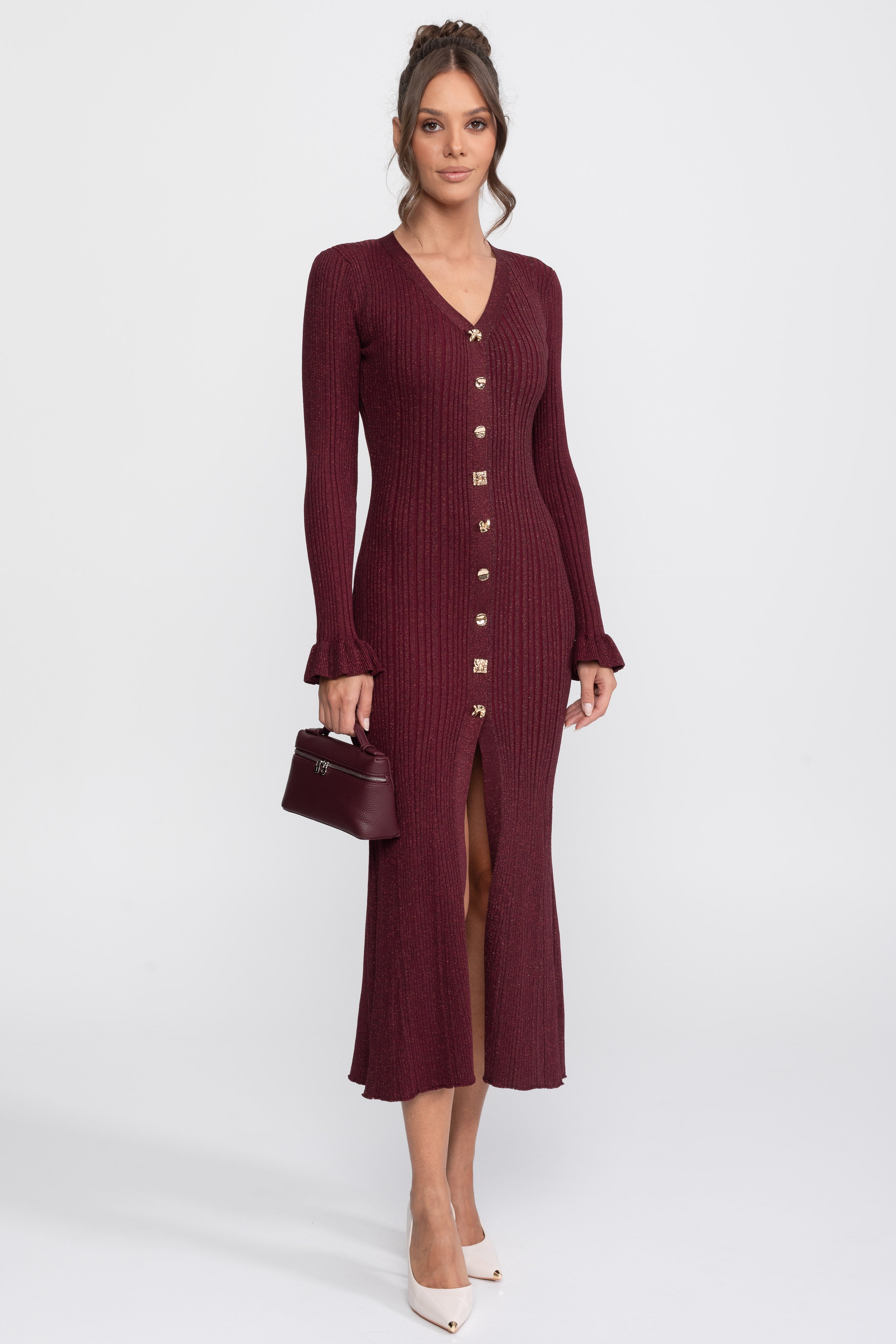 V-Neck Button-Front Ribbed Knit Maxi Dress With Ruffle Cuffs - Burgundy