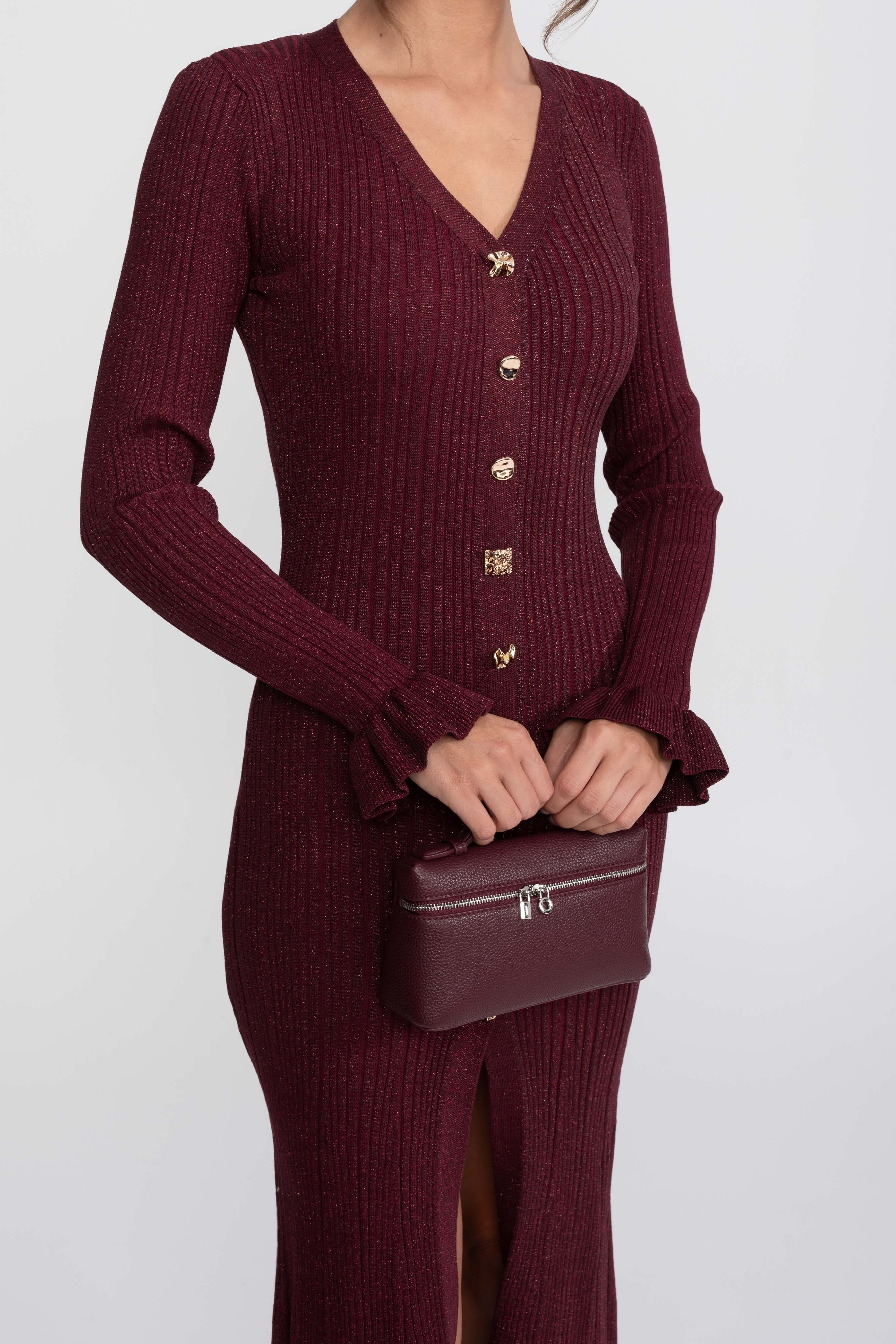 V-Neck Button-Front Ribbed Knit Maxi Dress With Ruffle Cuffs - Burgundy