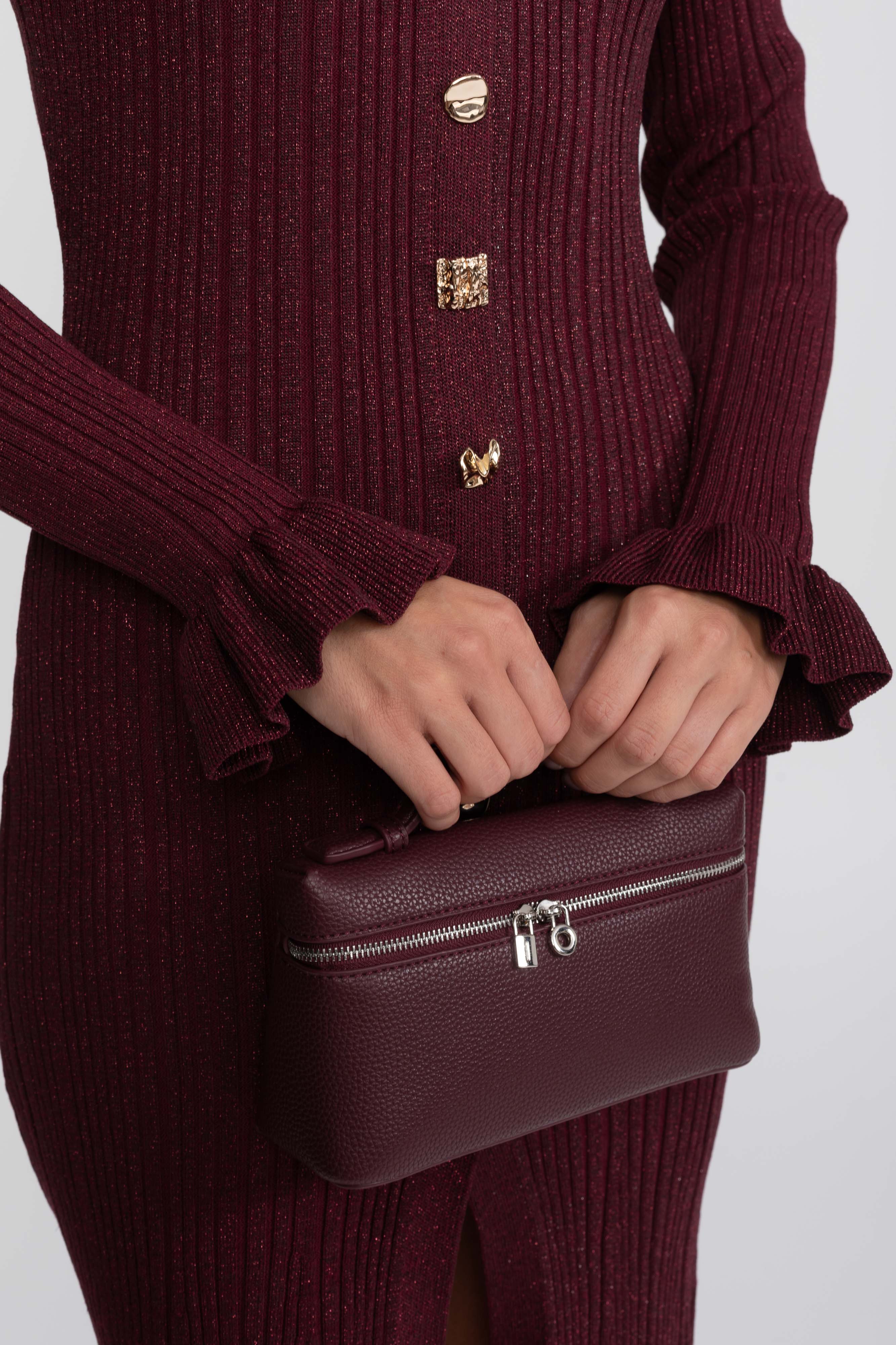 V-Neck Button-Front Ribbed Knit Maxi Dress With Ruffle Cuffs - Burgundy