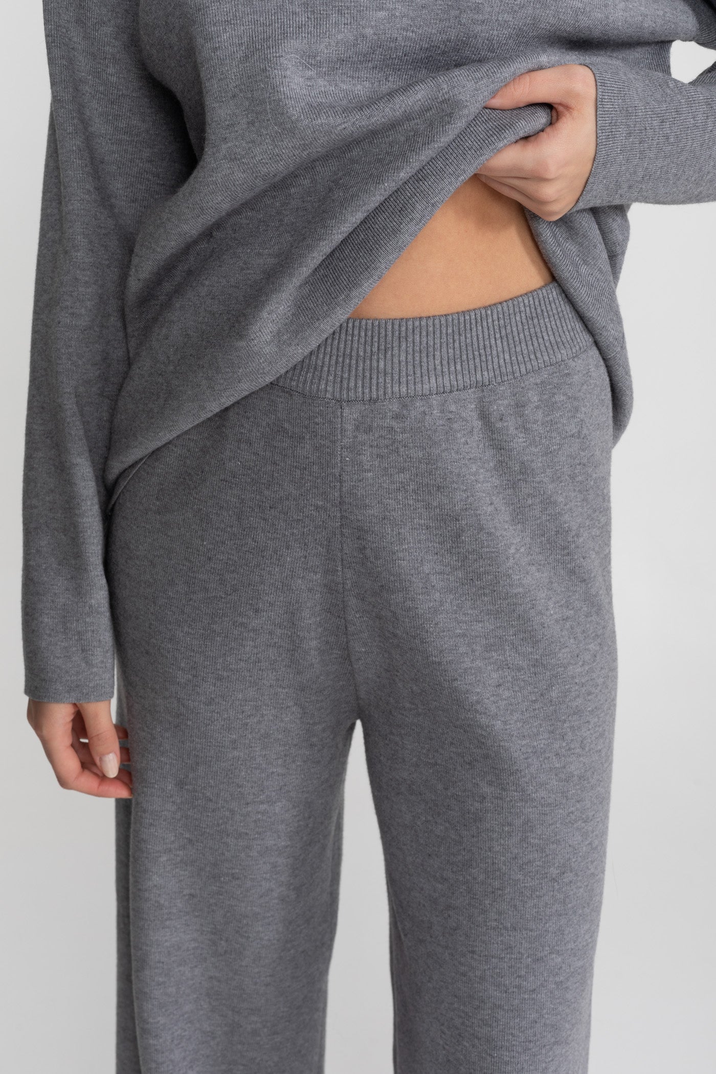 Knit Lounge Co-Ord Set with Fox Fur Collar – Grey