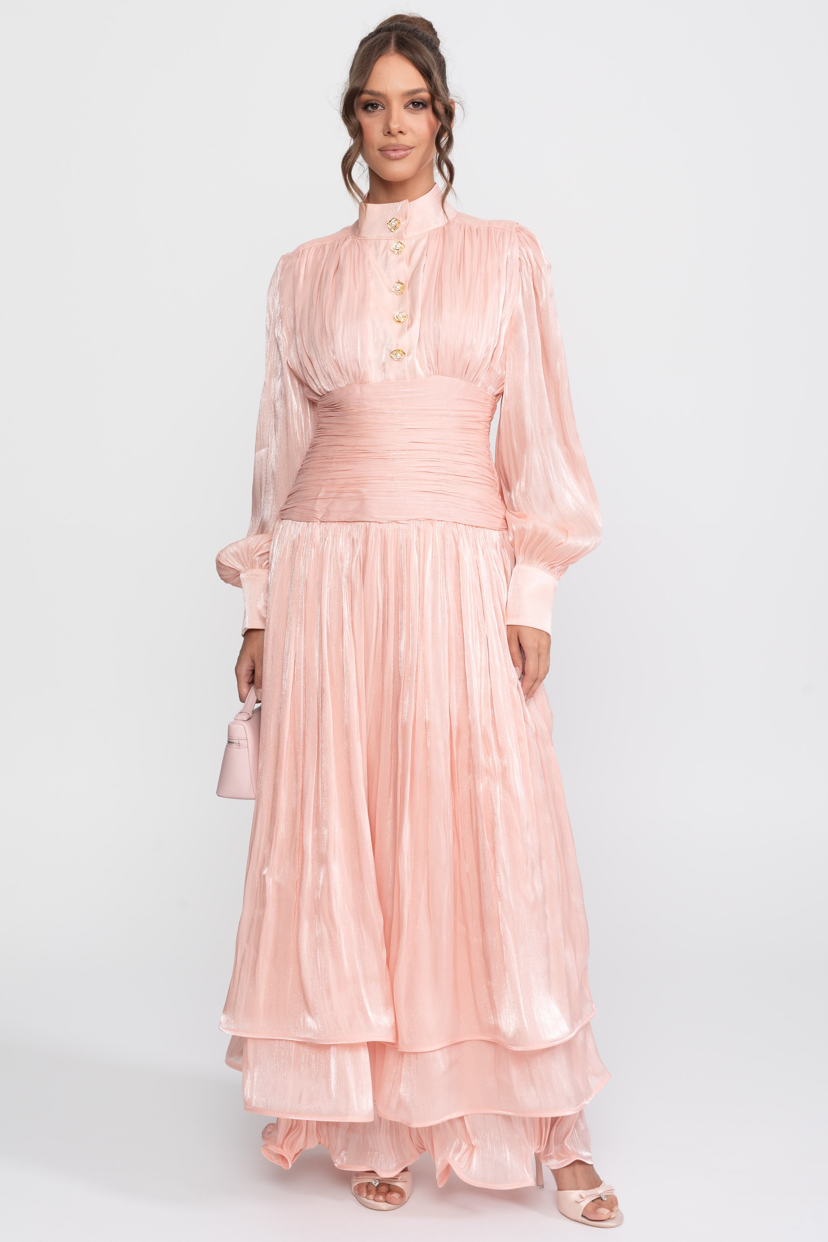 Balloon-Sleeve Tiered Maxi Dress With Jeweled Rose Buttons - Peach