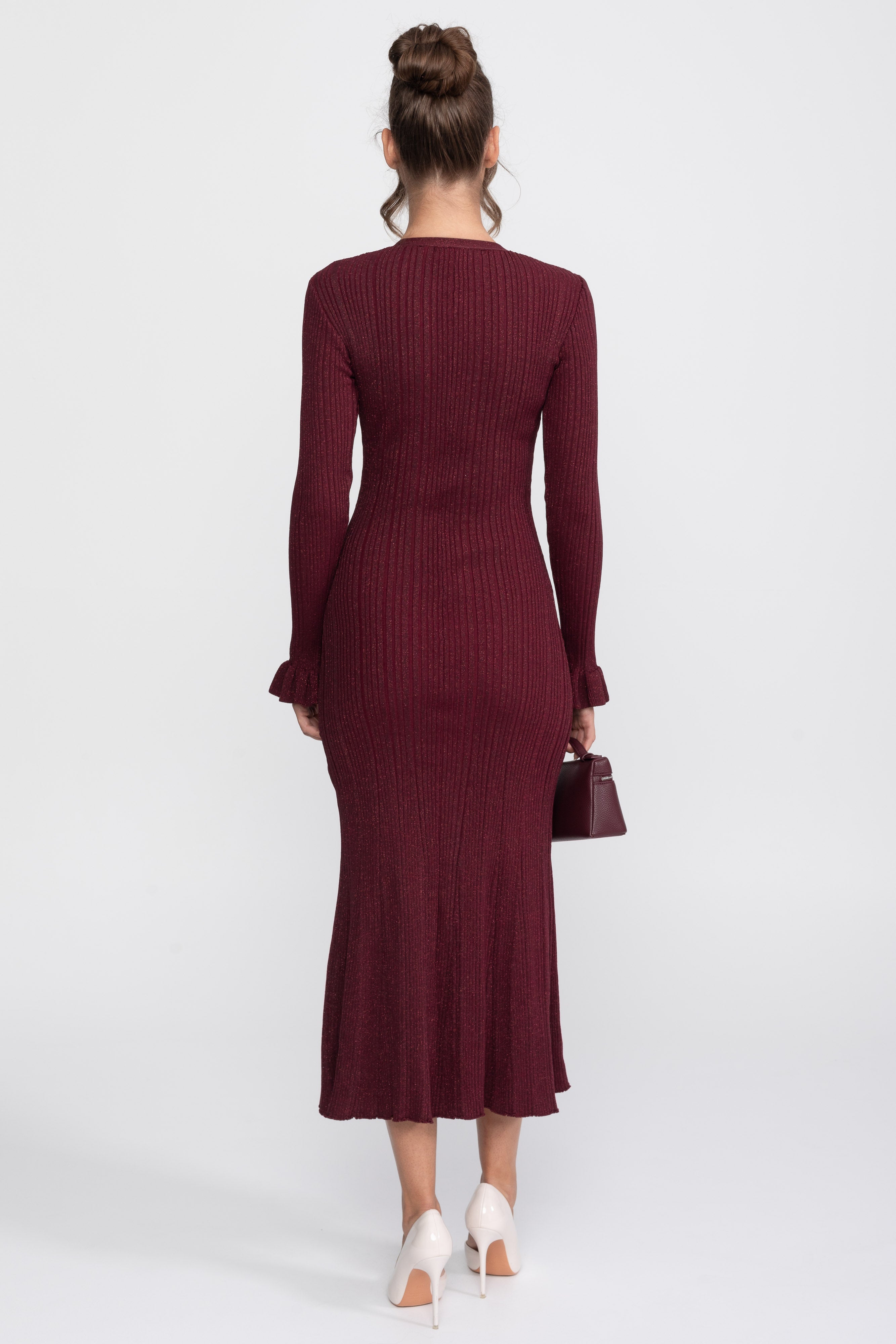 V-Neck Button-Front Ribbed Knit Maxi Dress With Ruffle Cuffs - Burgundy