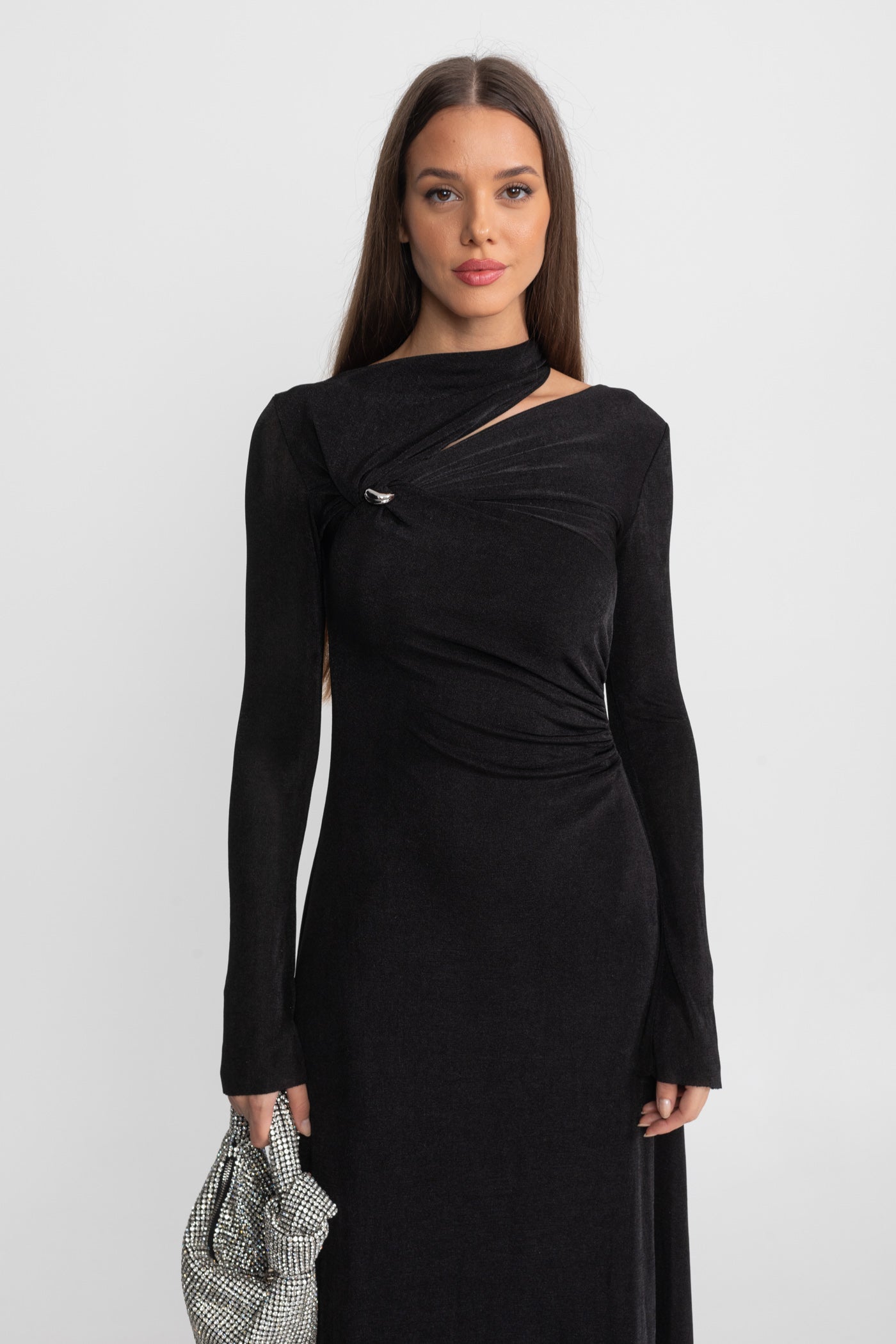 Velvet Maxi Dress with Cut-Out and Draped Detail - Black