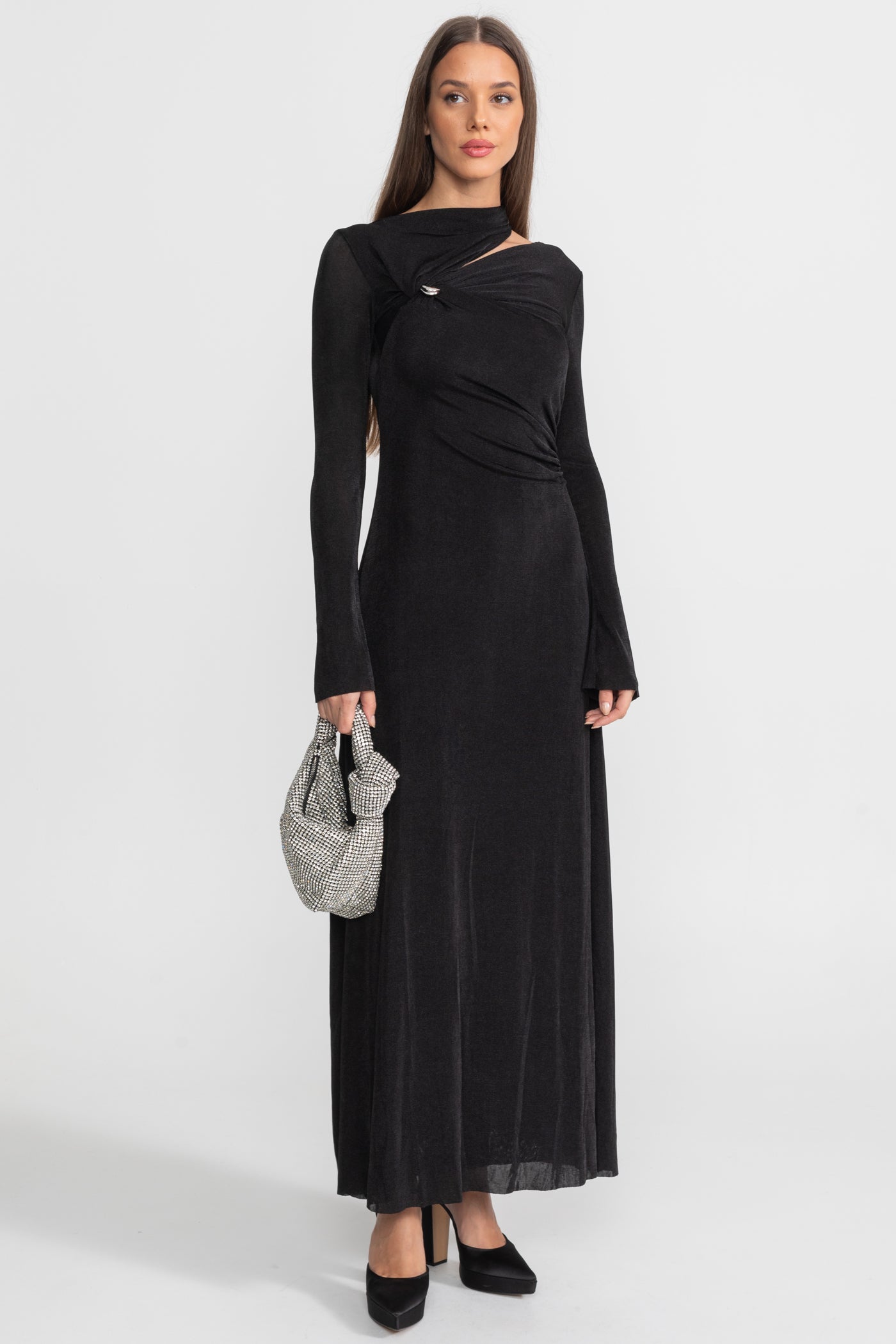 Velvet Maxi Dress with Cut-Out and Draped Detail - Black