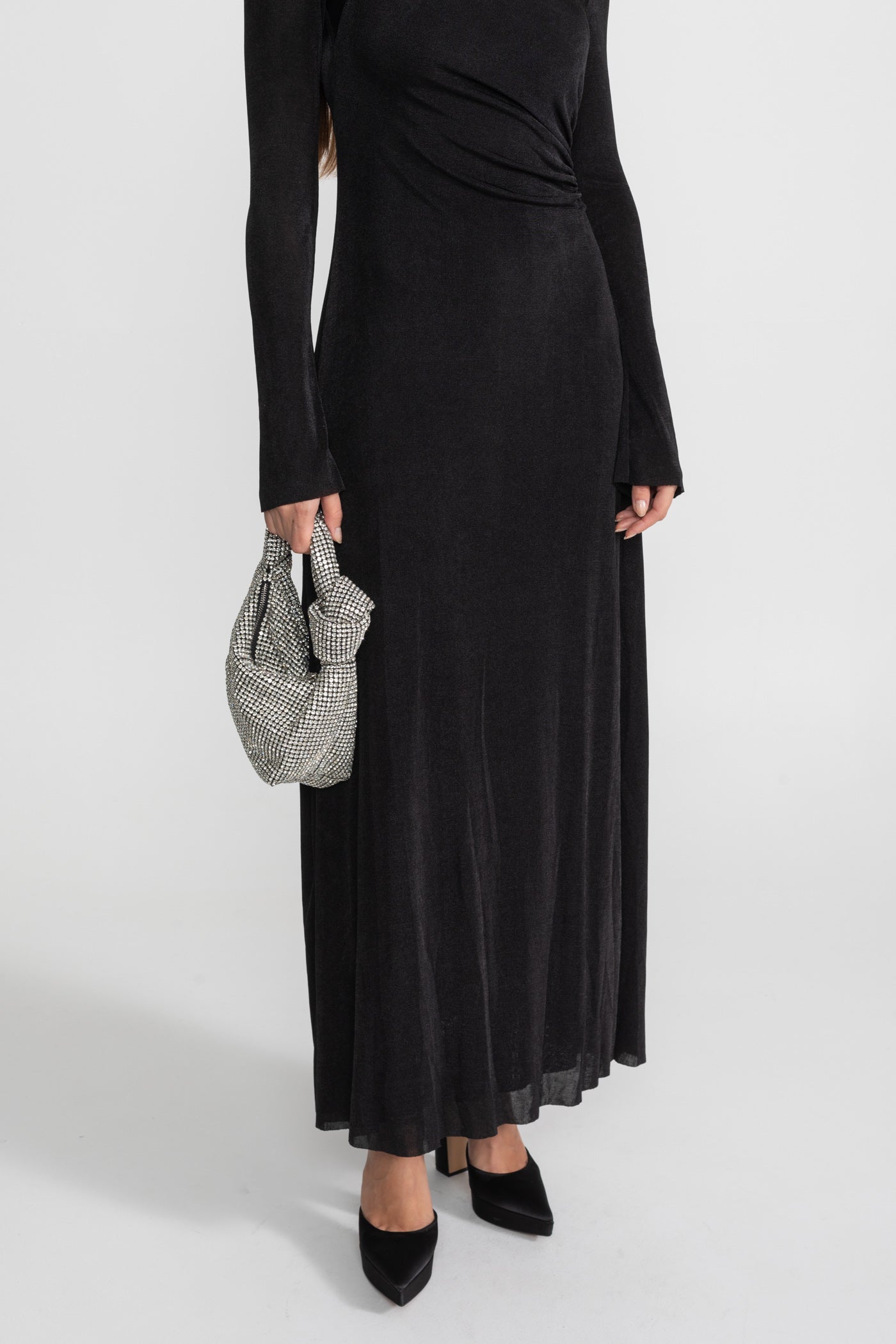 Velvet Maxi Dress with Cut-Out and Draped Detail - Black