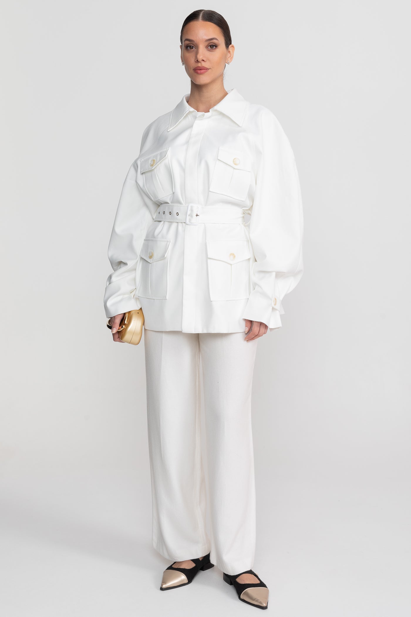 Belted Trench-Coat Jacket With Oversized Patch Pockets - White