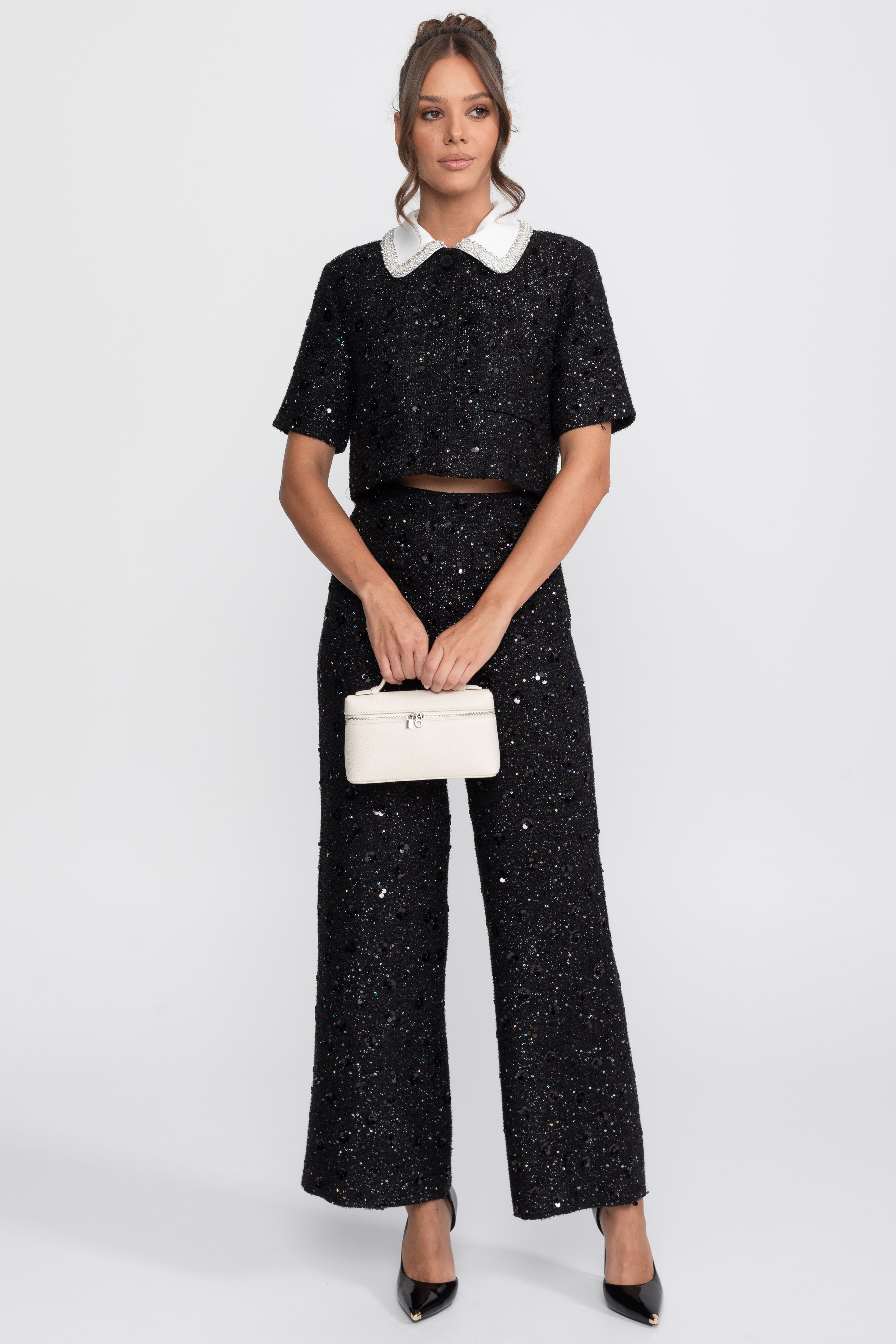 Wide-Leg Tweed Trousers With Sequin Detail - Black