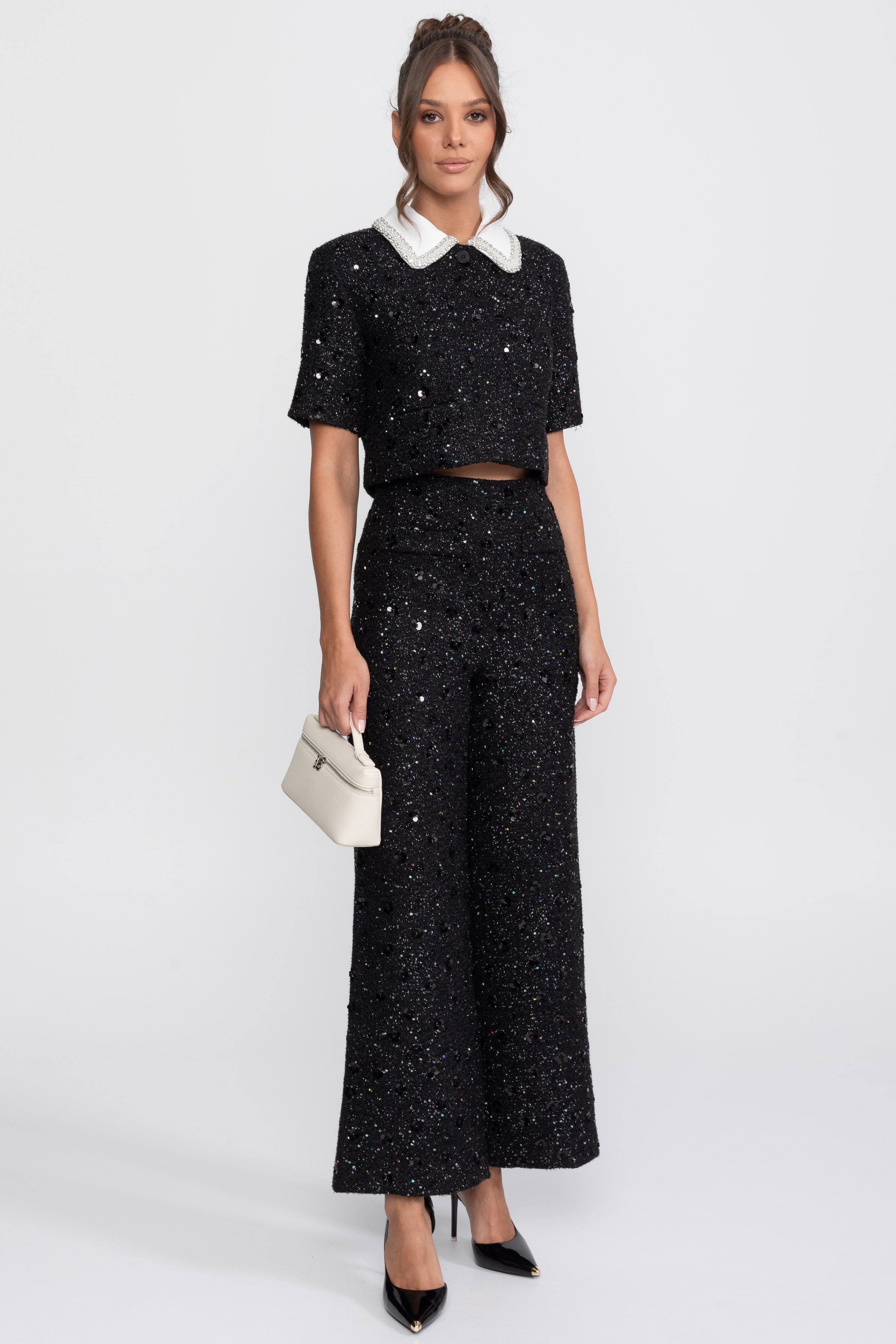 Wide-Leg Tweed Trousers With Sequin Detail - Black