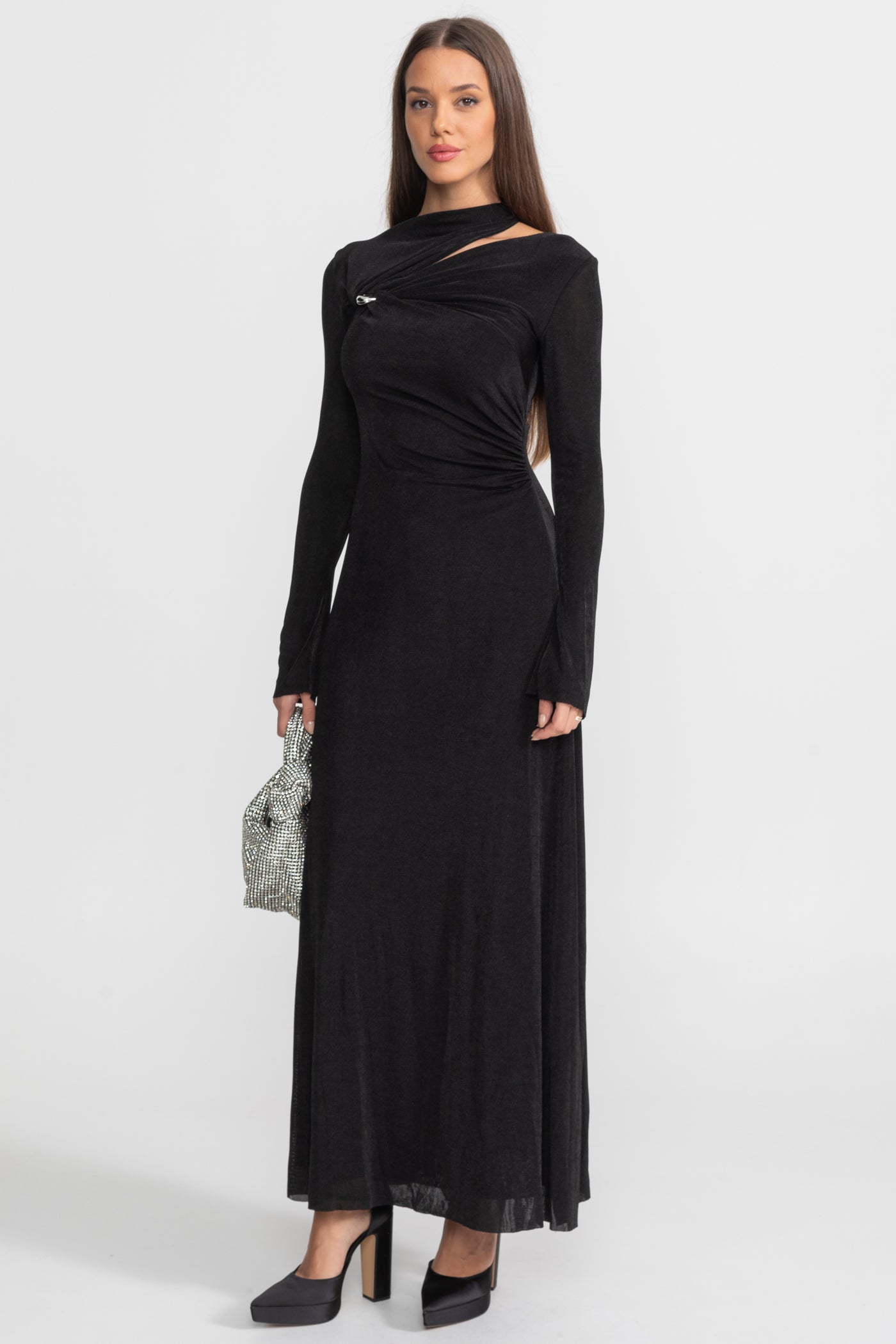 Velvet Maxi Dress with Cut-Out and Draped Detail - Black