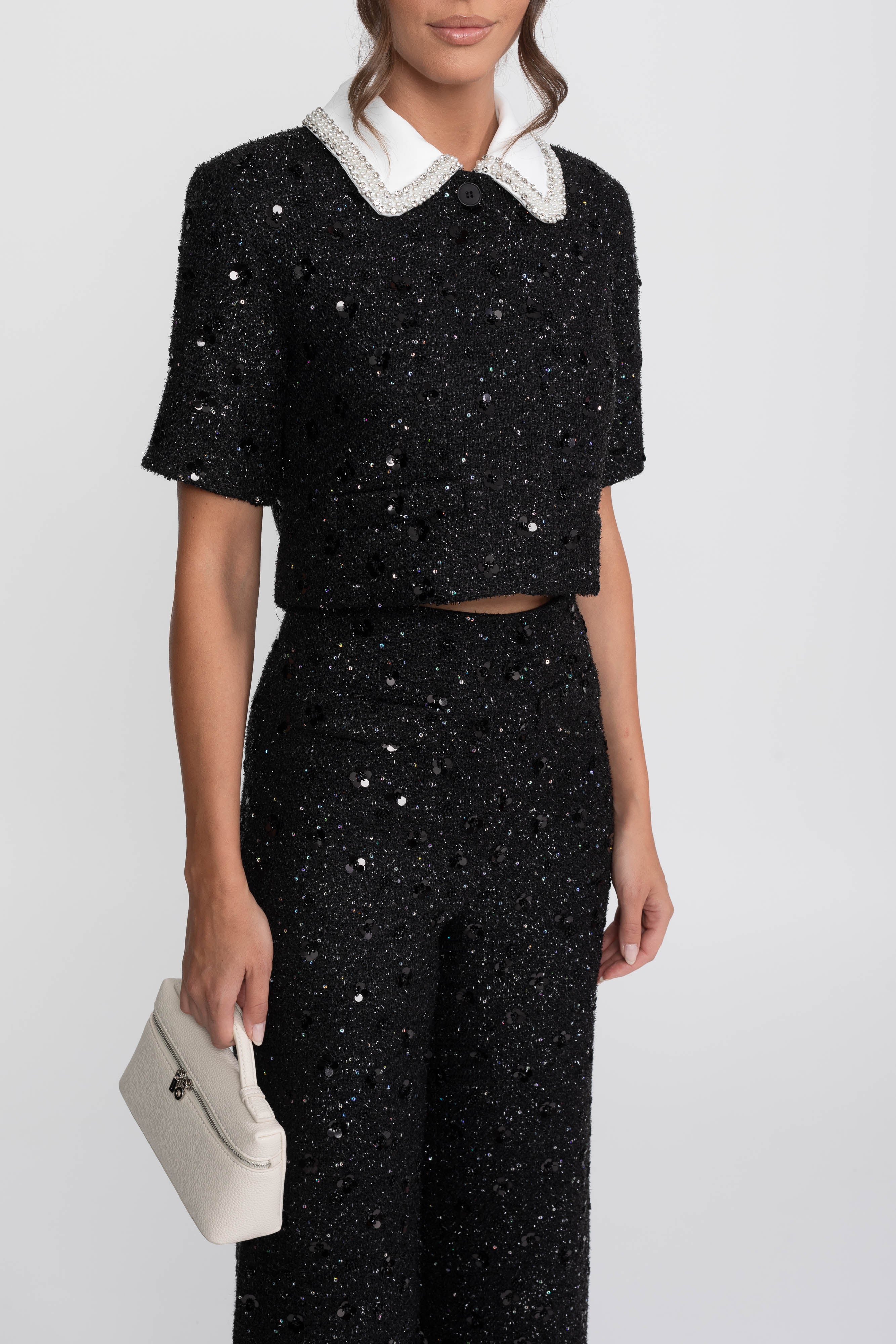 Short-Sleeve Tweed Cropped Jacket With Contrast Collar And Sequin Detail - Black