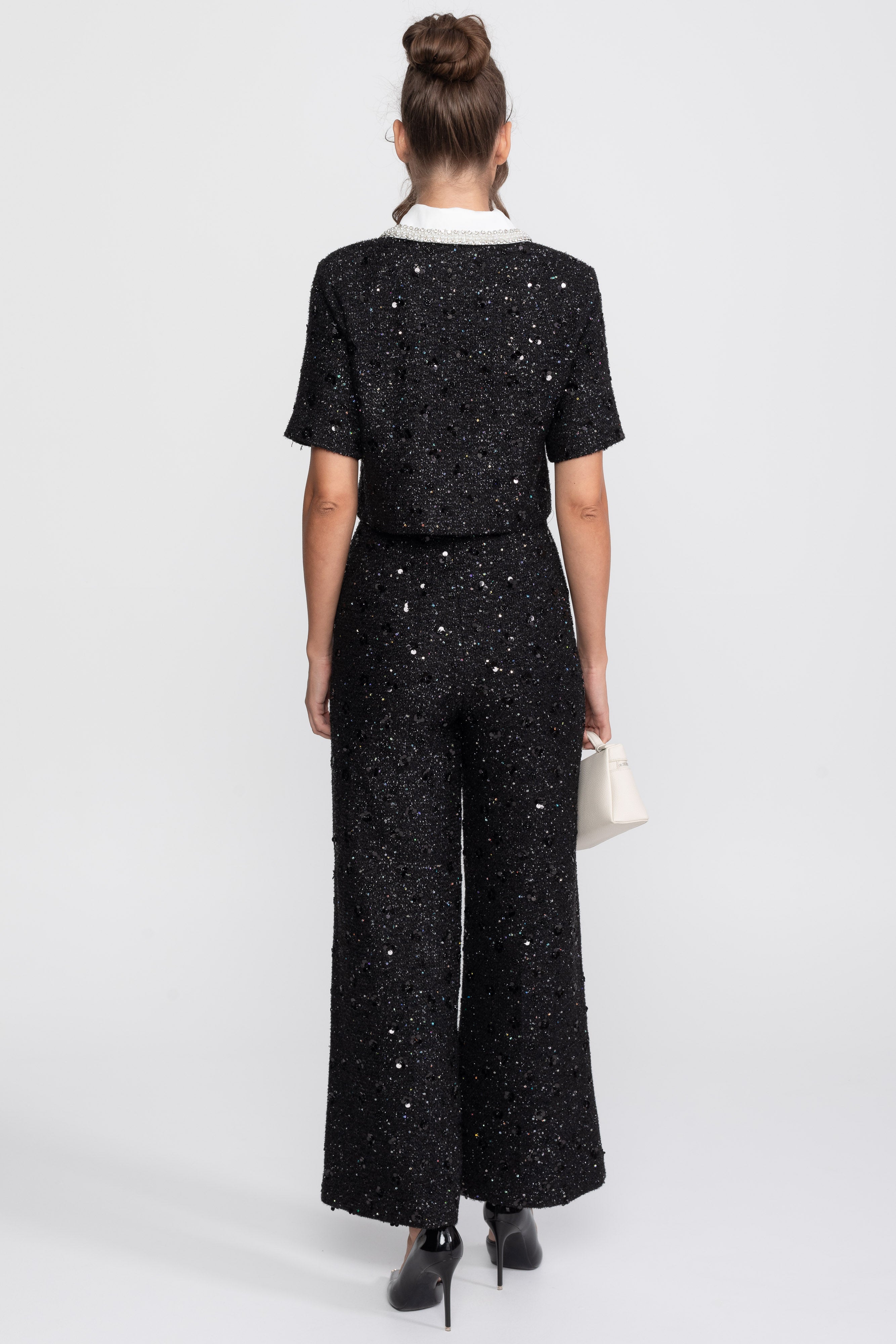 Short-Sleeve Tweed Cropped Jacket With Contrast Collar And Sequin Detail - Black