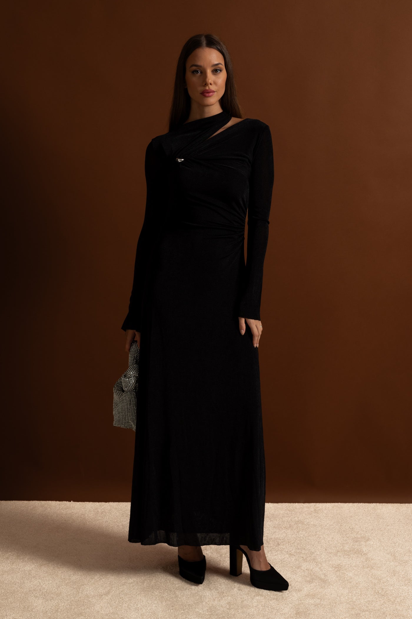 Velvet Maxi Dress with Cut-Out and Draped Detail - Black