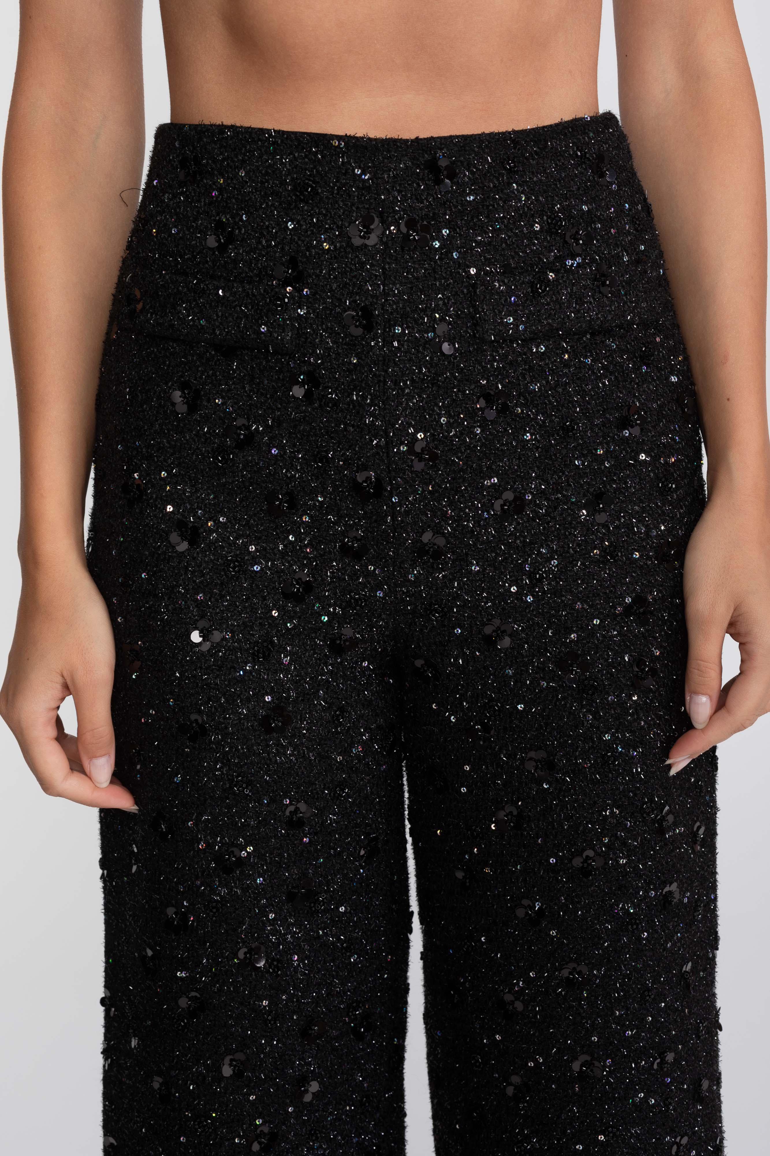 Wide-Leg Tweed Trousers With Sequin Detail - Black