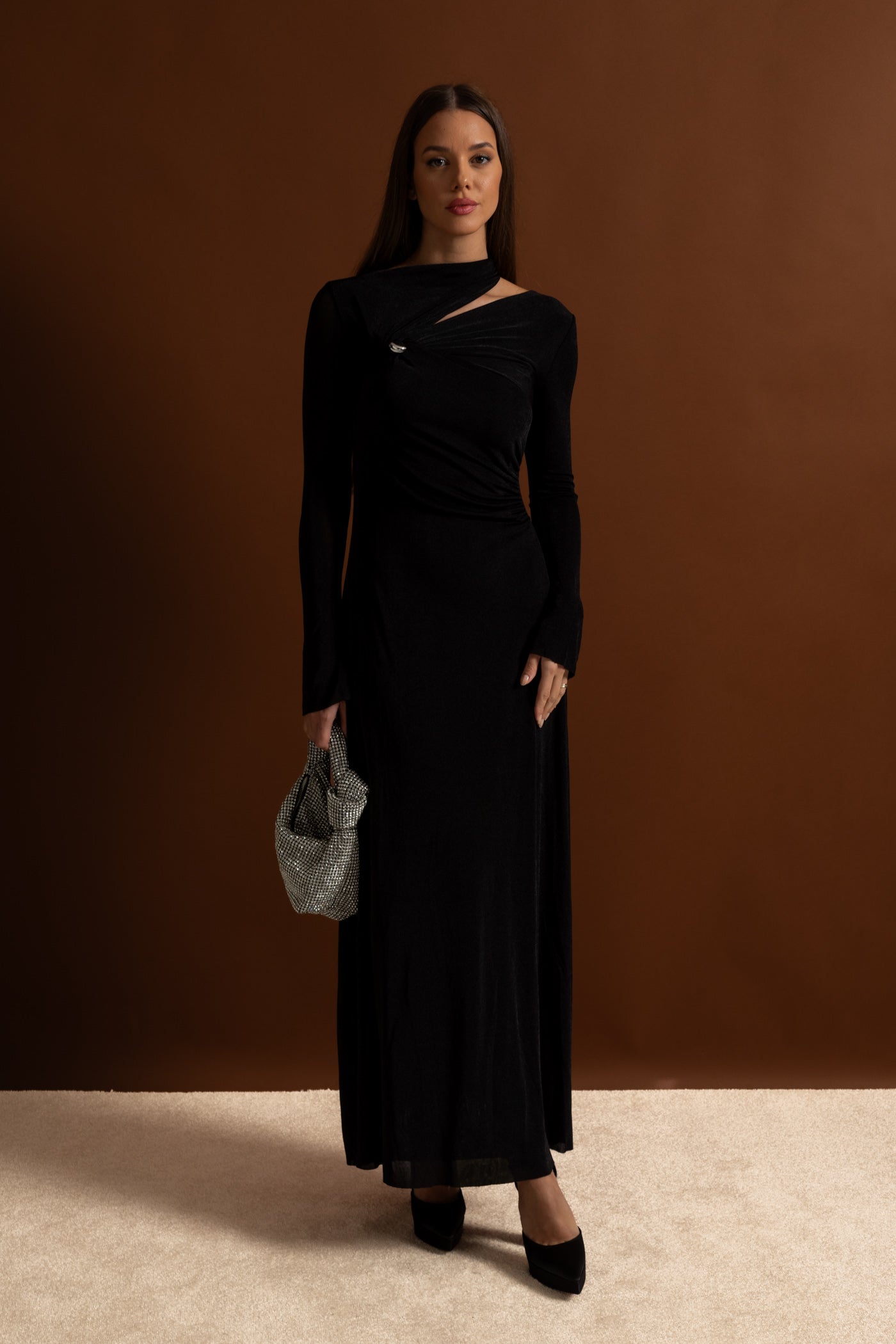 Velvet Maxi Dress with Cut-Out and Draped Detail - Black