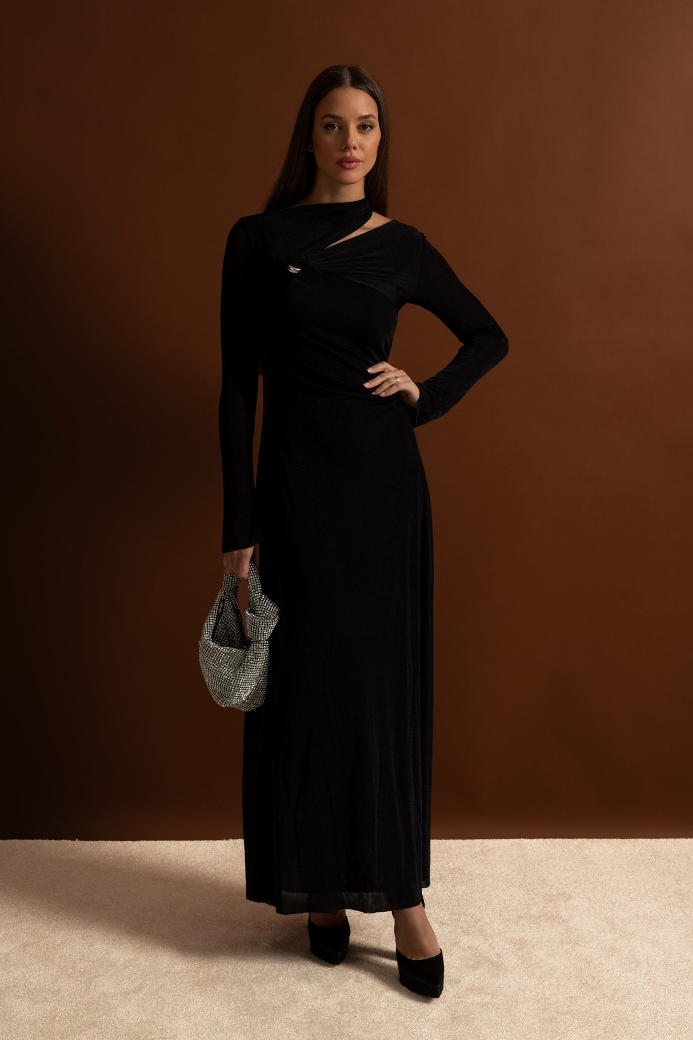 Velvet Maxi Dress with Cut-Out and Draped Detail - Black