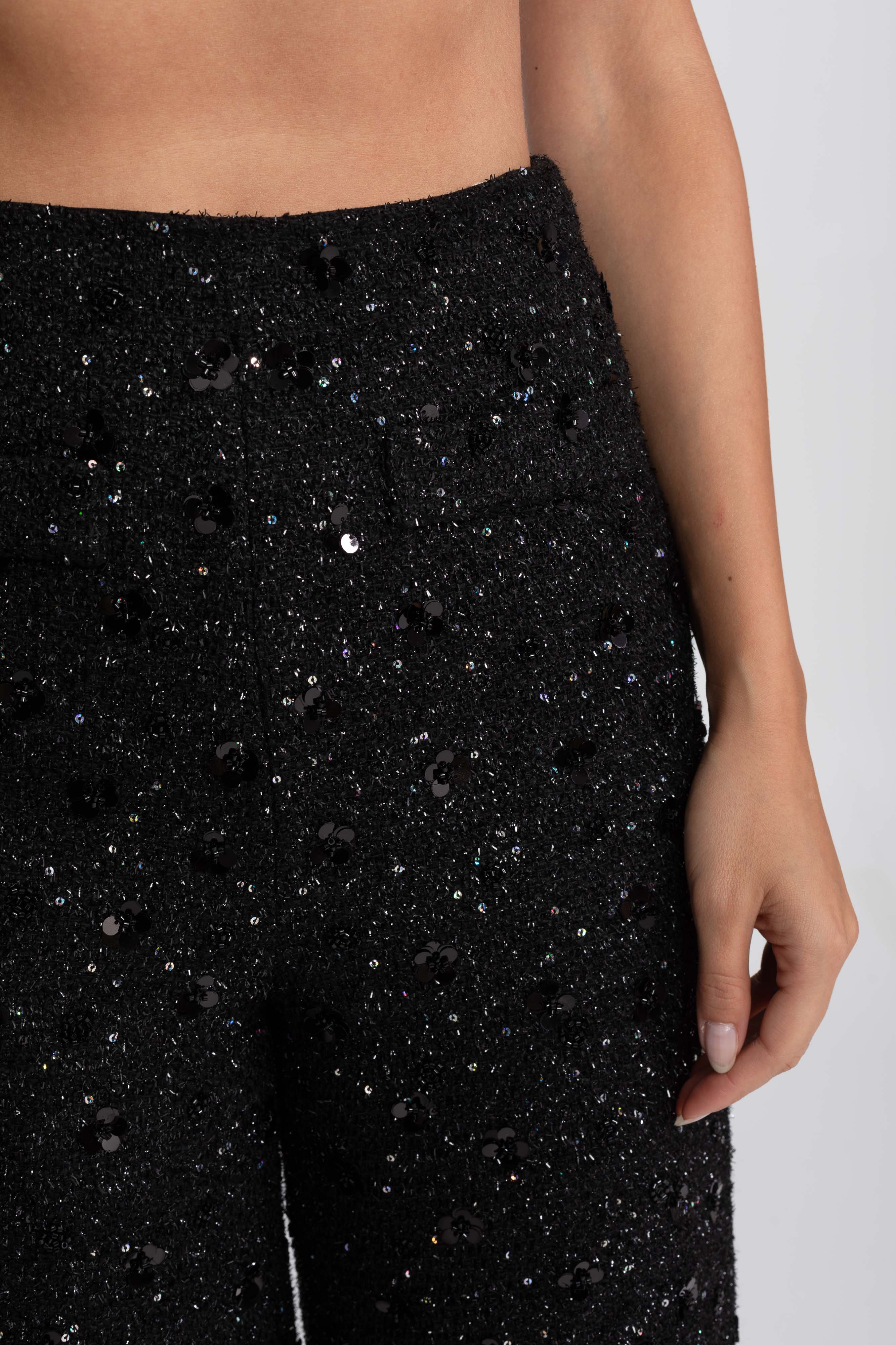 Wide-Leg Tweed Trousers With Sequin Detail - Black