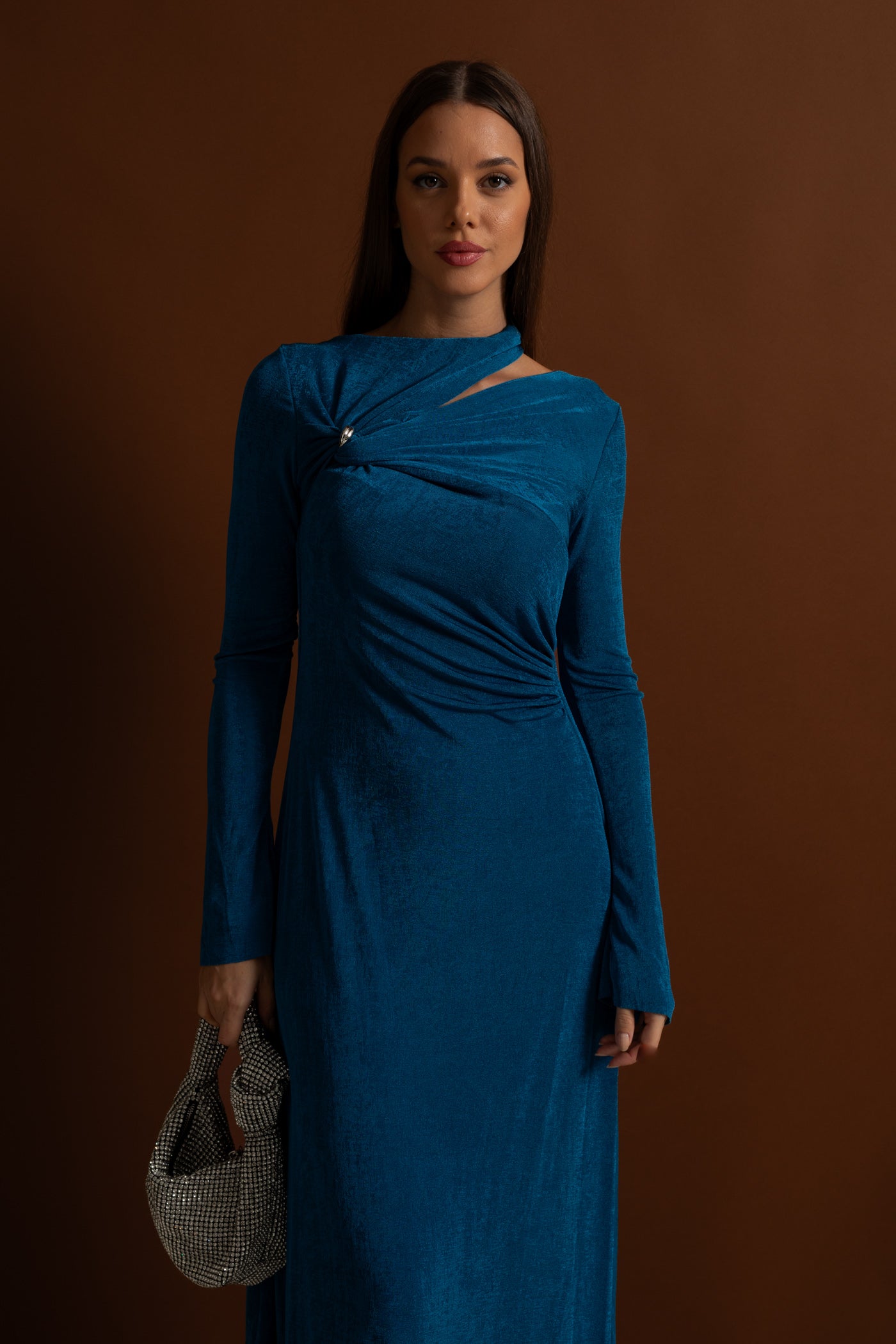 Velvet Maxi Dress with Cut-Out and Draped Detail - Teal