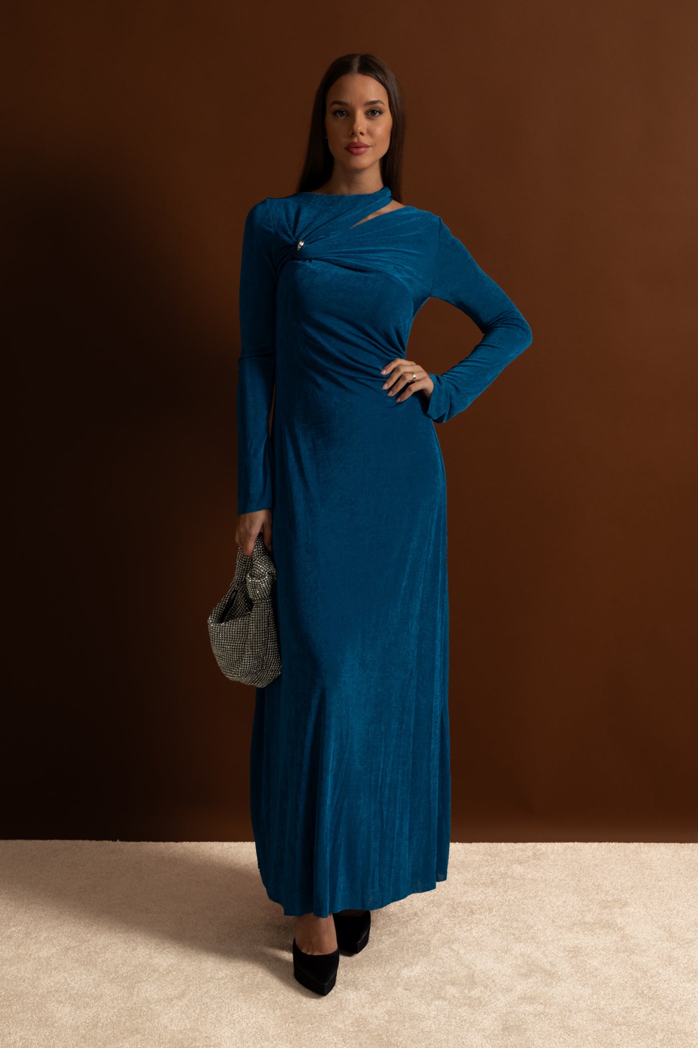 Velvet Maxi Dress with Cut-Out and Draped Detail - Teal