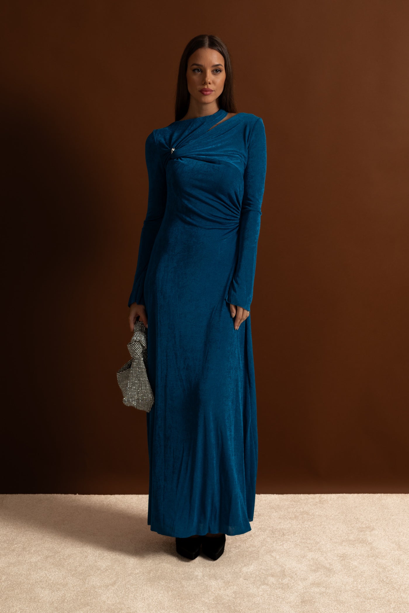 Velvet Maxi Dress with Cut-Out and Draped Detail - Teal