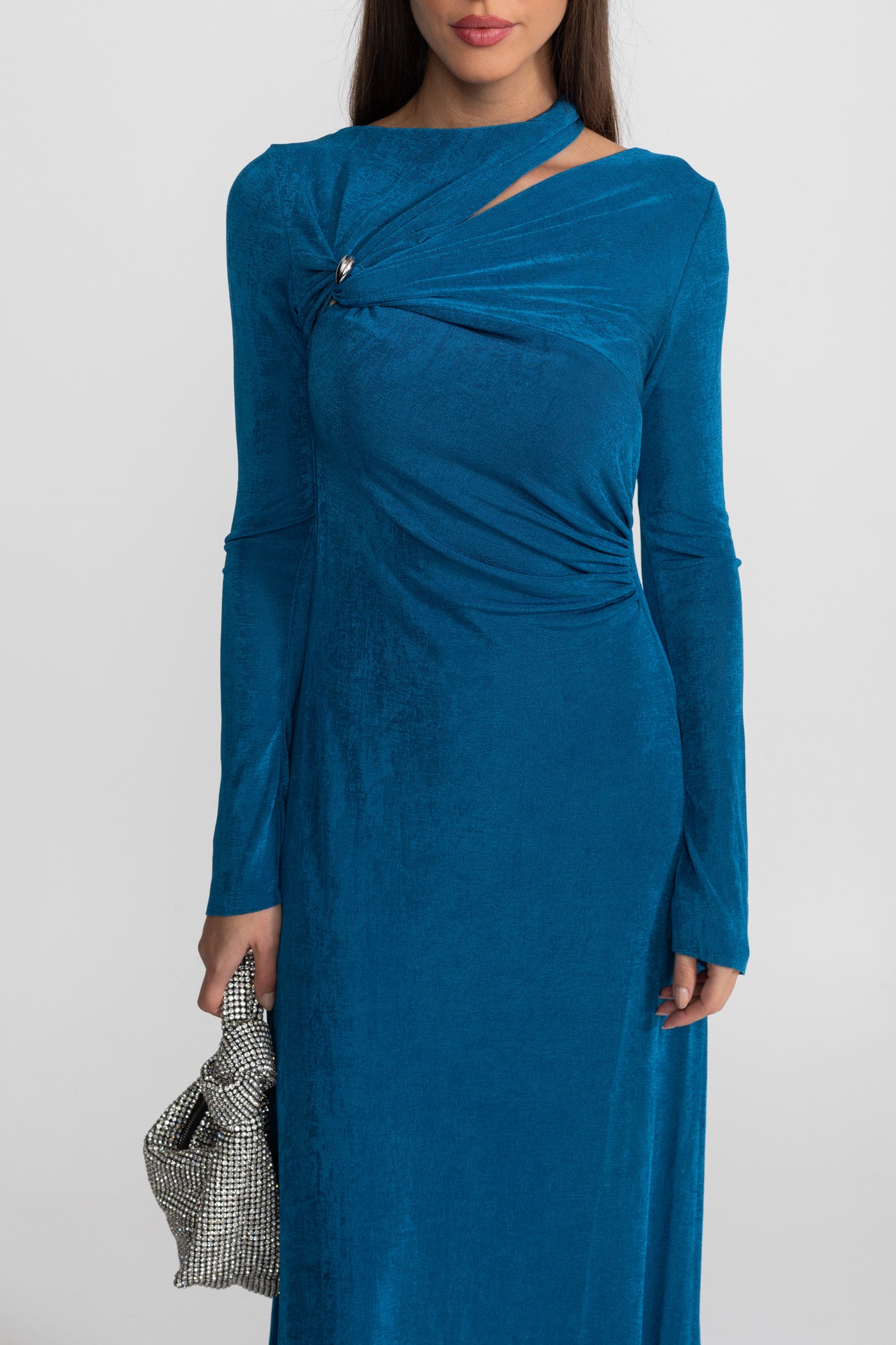 Velvet Maxi Dress with Cut-Out and Draped Detail - Teal