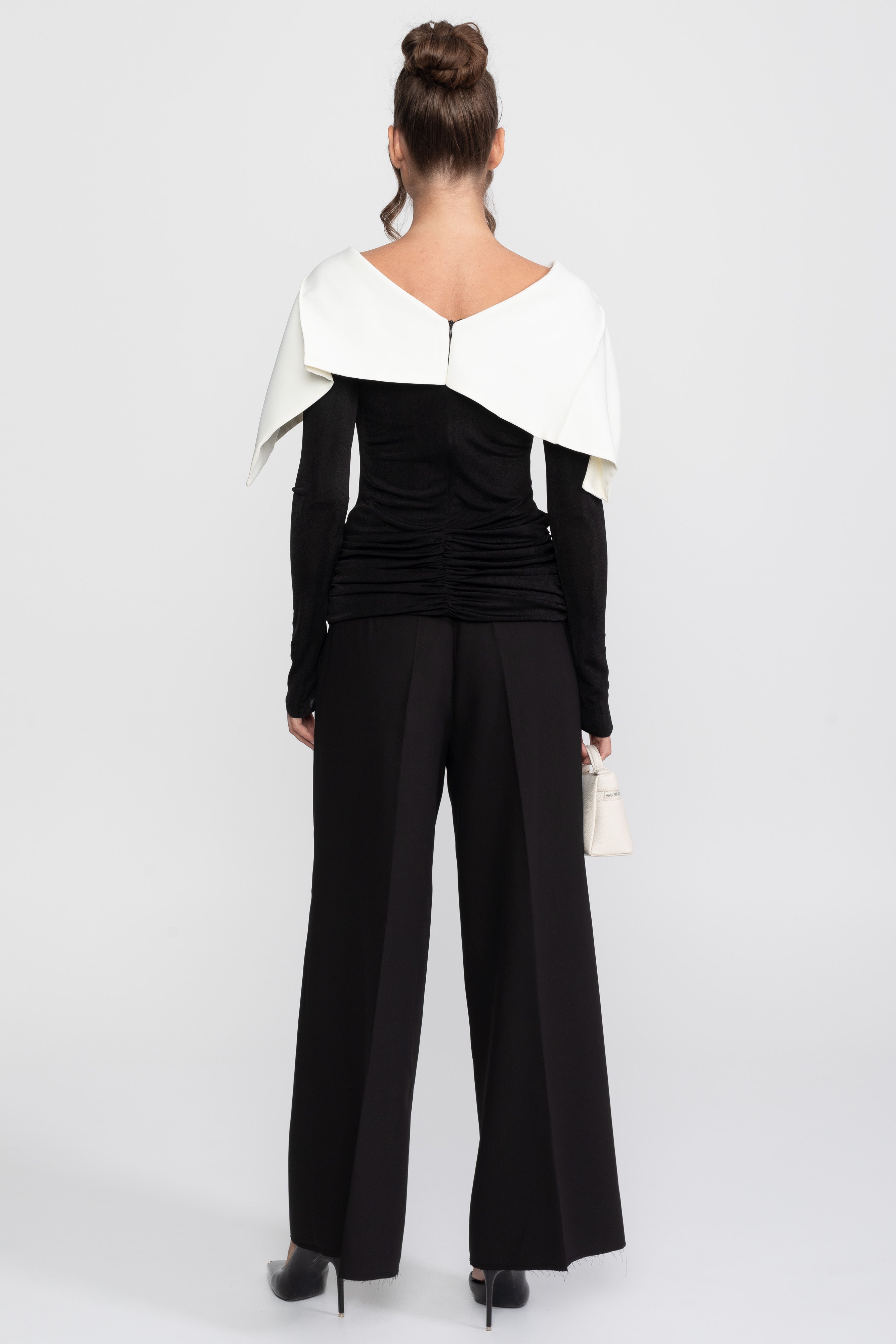 Ruched Wrap Top With Contrasting Cape And Trouser Ensemble - Black