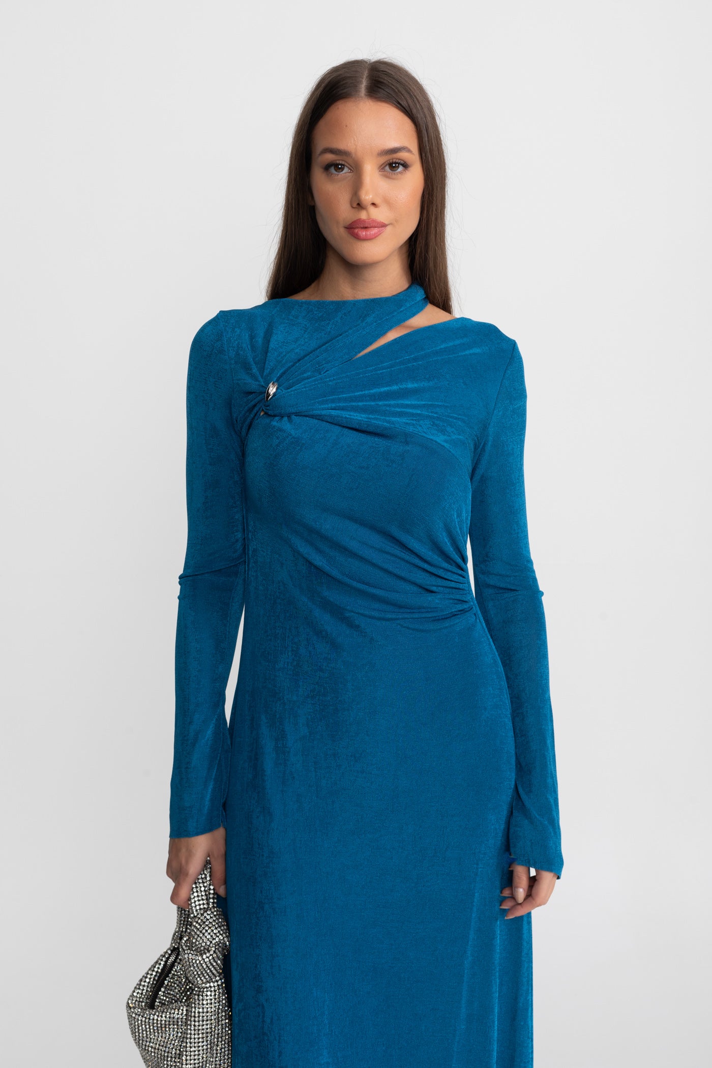 Velvet Maxi Dress with Cut-Out and Draped Detail - Teal