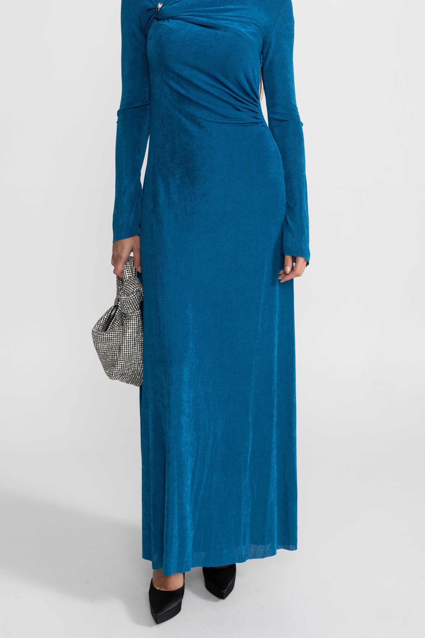 Velvet Maxi Dress with Cut-Out and Draped Detail - Teal