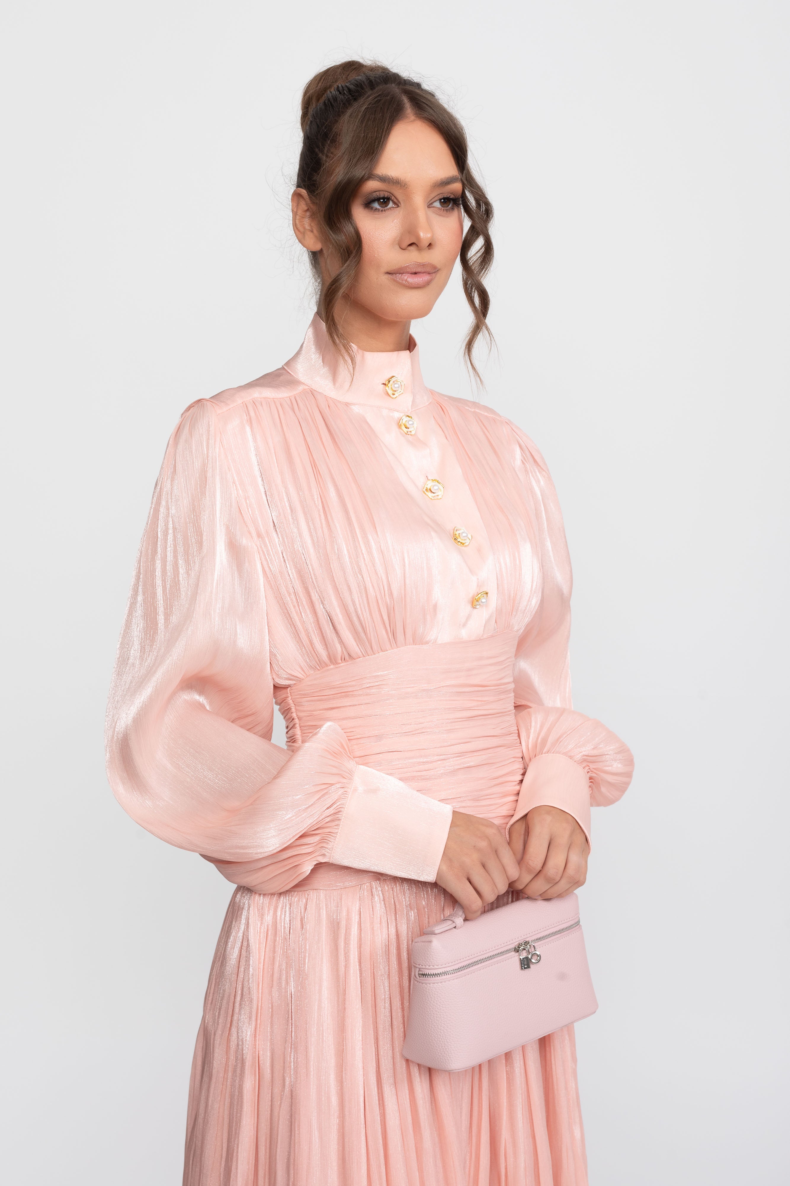 Balloon-Sleeve Tiered Maxi Dress With Jeweled Rose Buttons - Peach