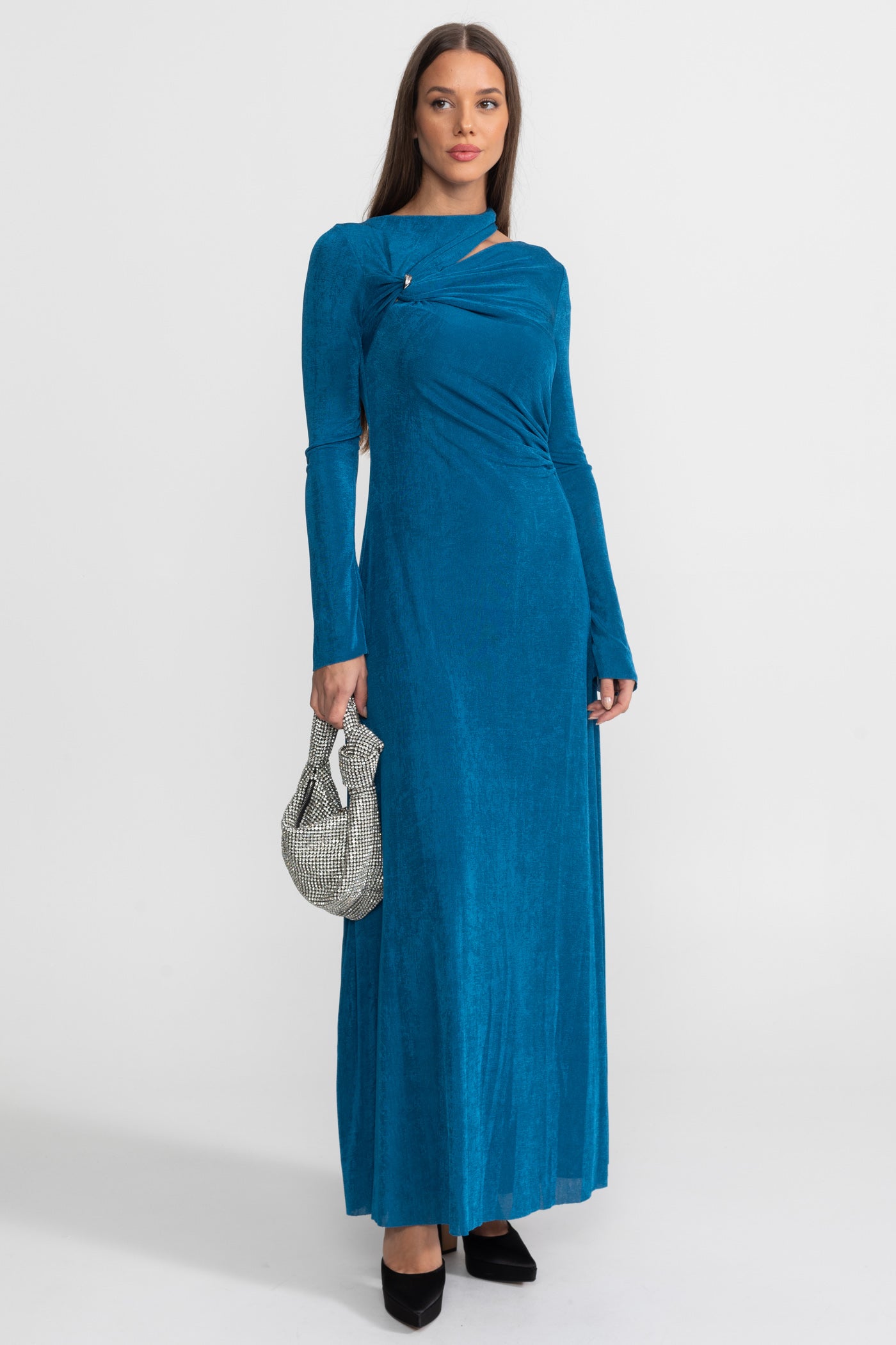 Velvet Maxi Dress with Cut-Out and Draped Detail - Teal
