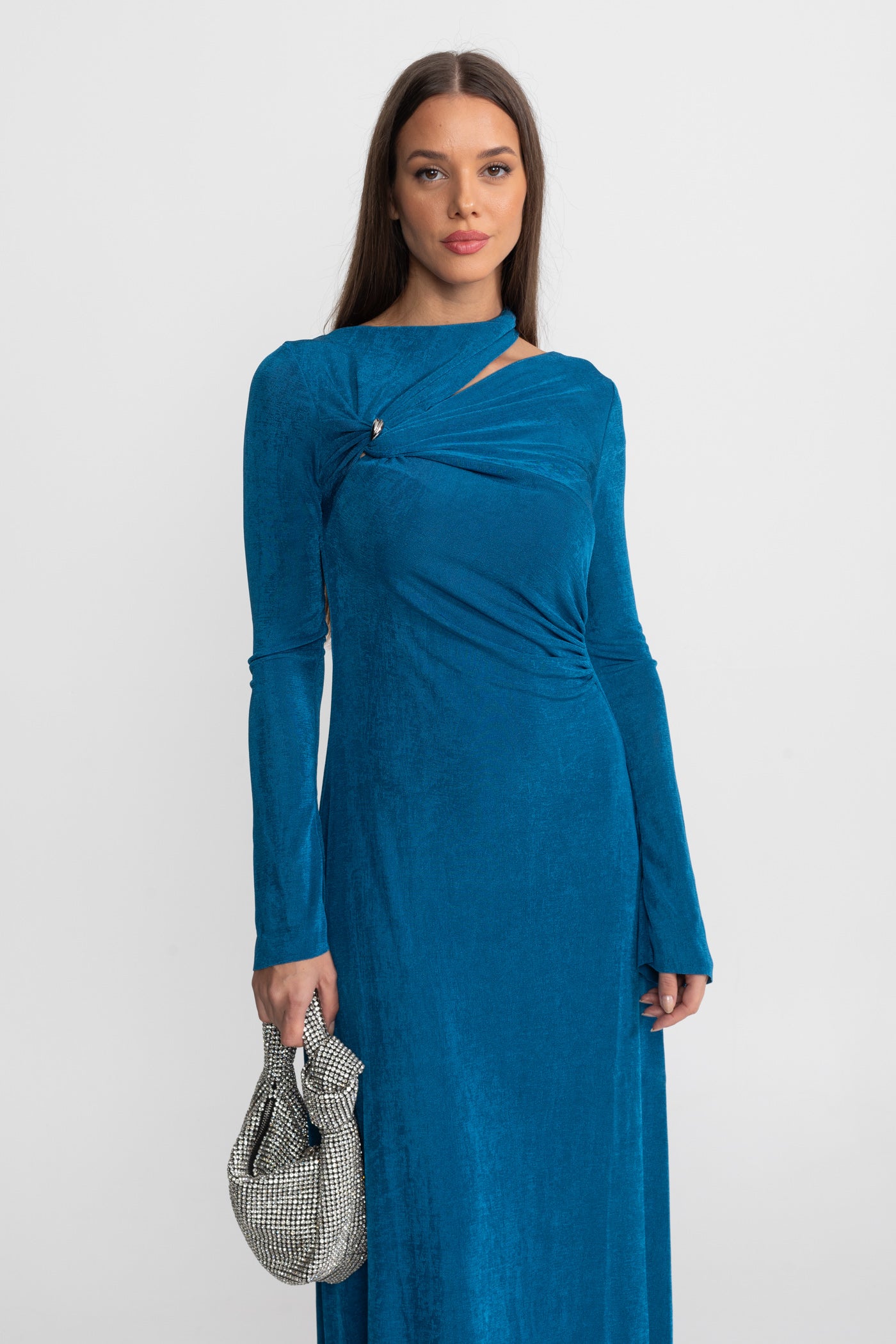 Velvet Maxi Dress with Cut-Out and Draped Detail - Teal