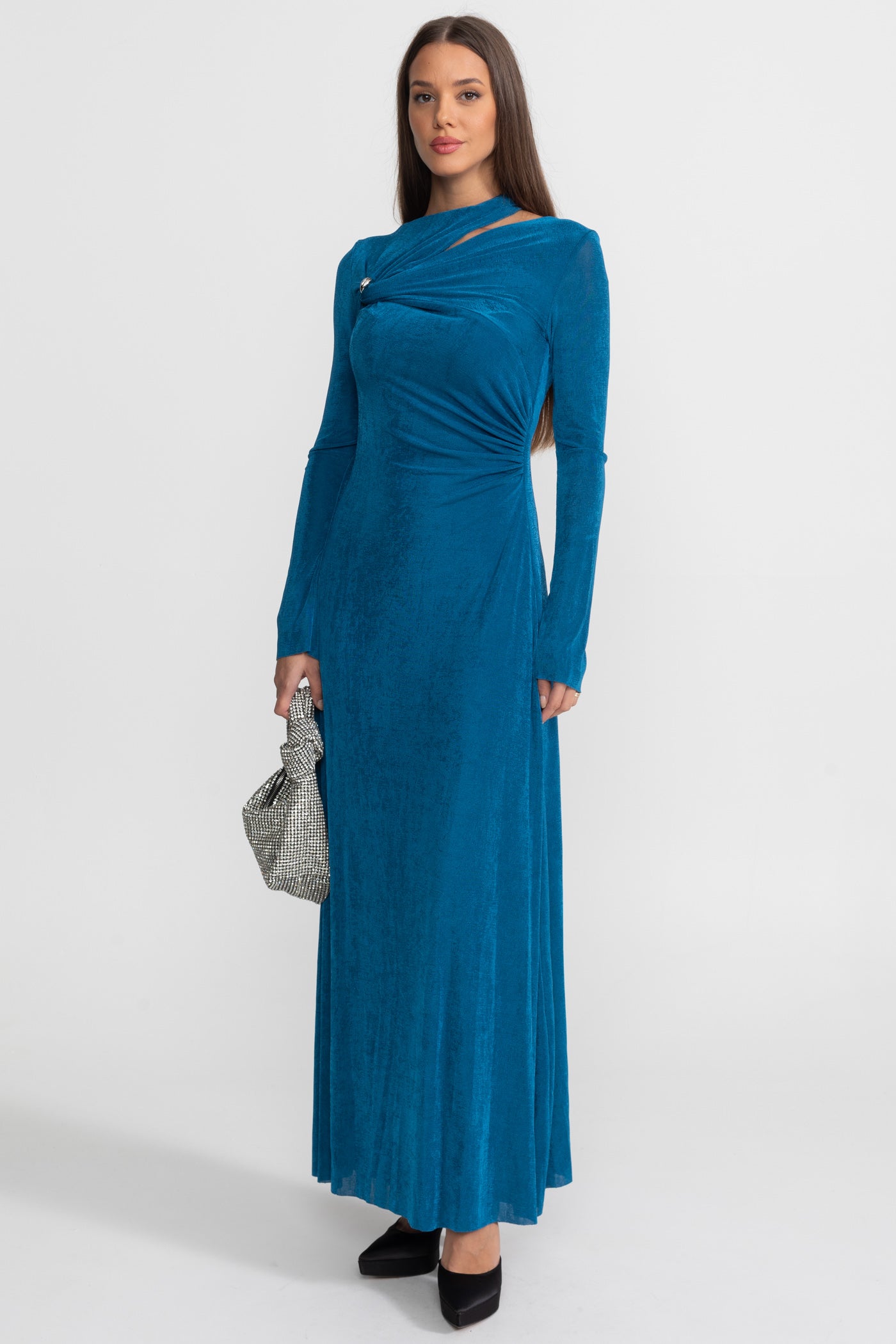 Velvet Maxi Dress with Cut-Out and Draped Detail - Teal