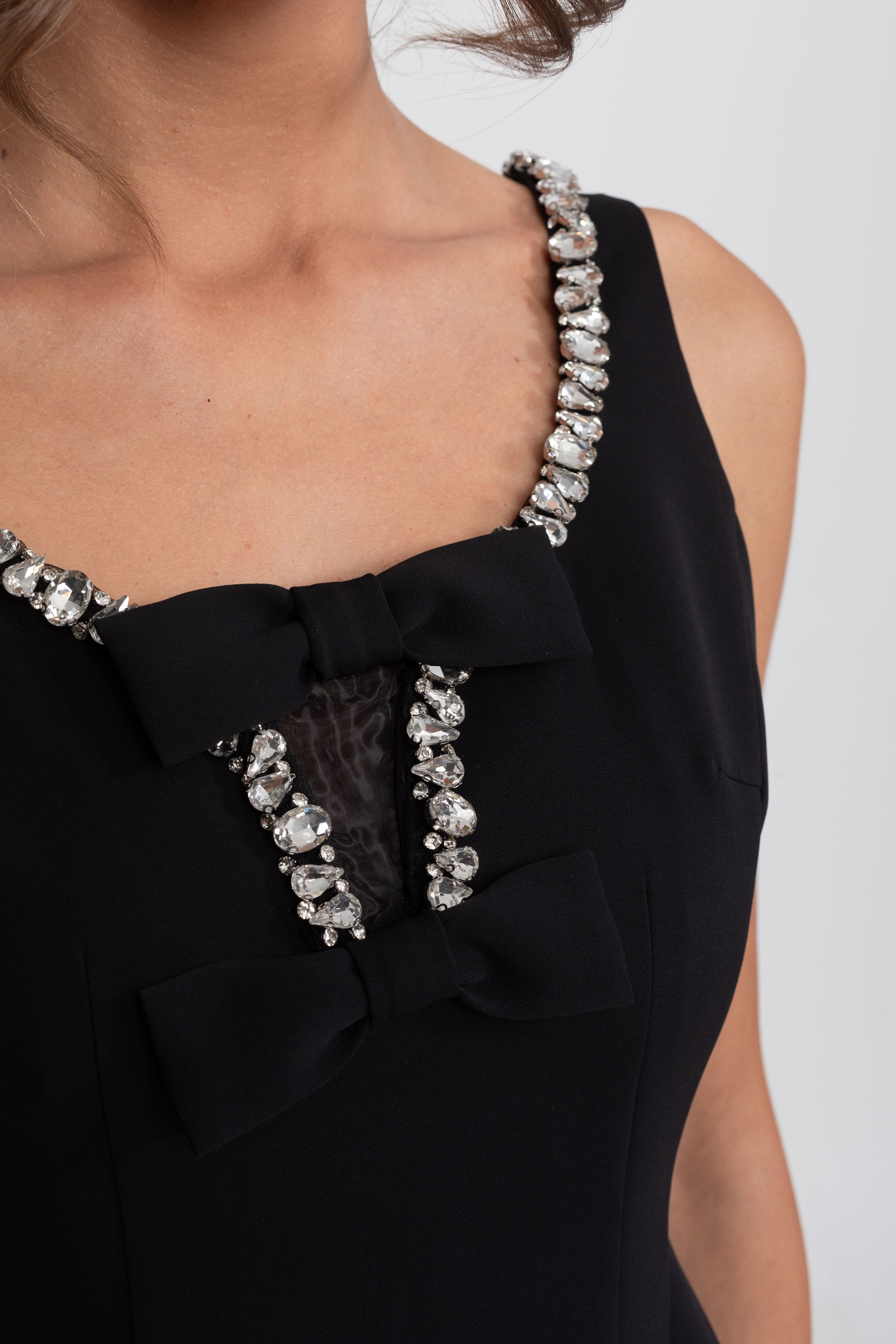 Crystal Trim Fit-and-Flare Mini Dress With Chest Bows - Black