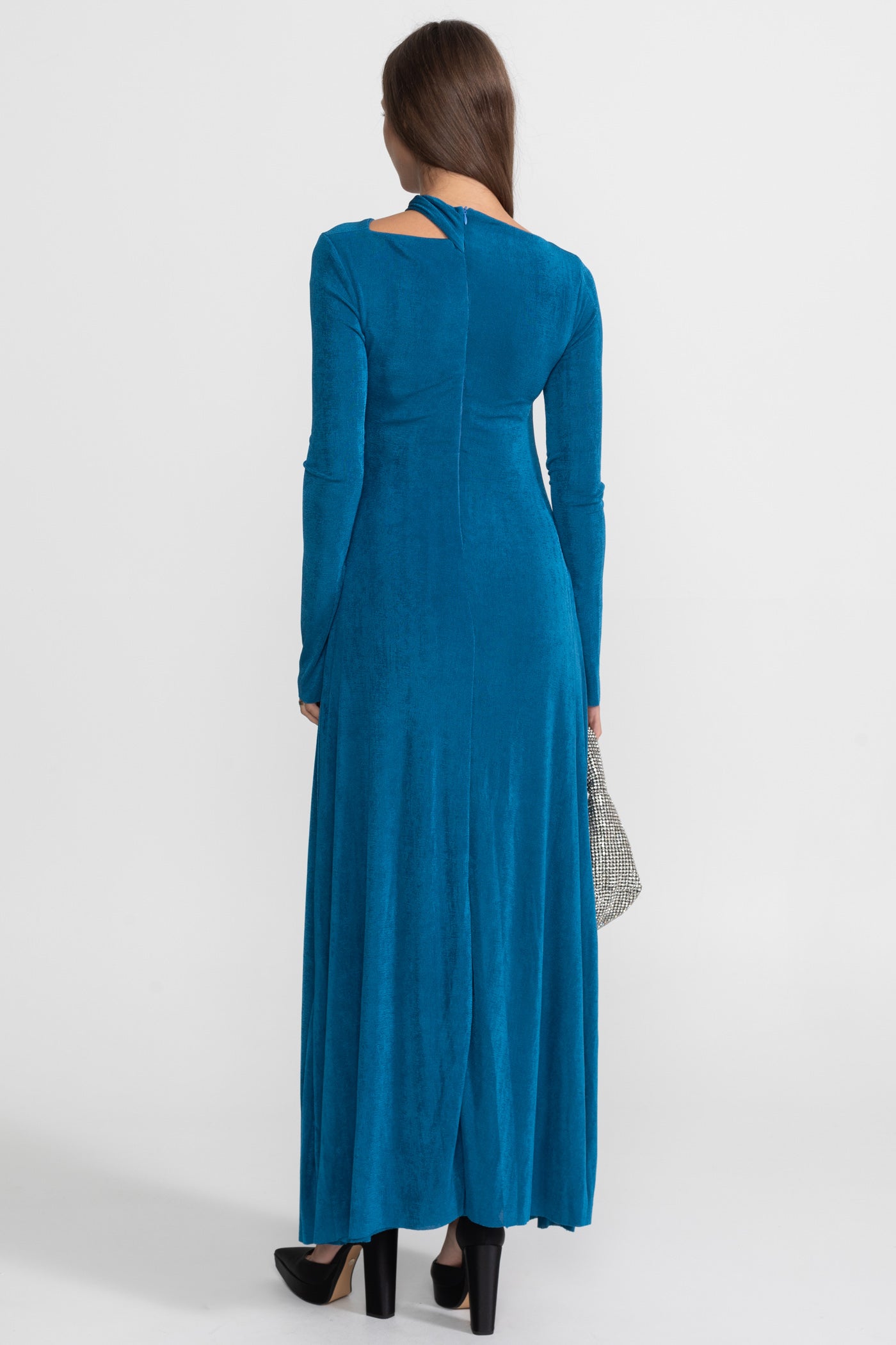 Velvet Maxi Dress with Cut-Out and Draped Detail - Teal