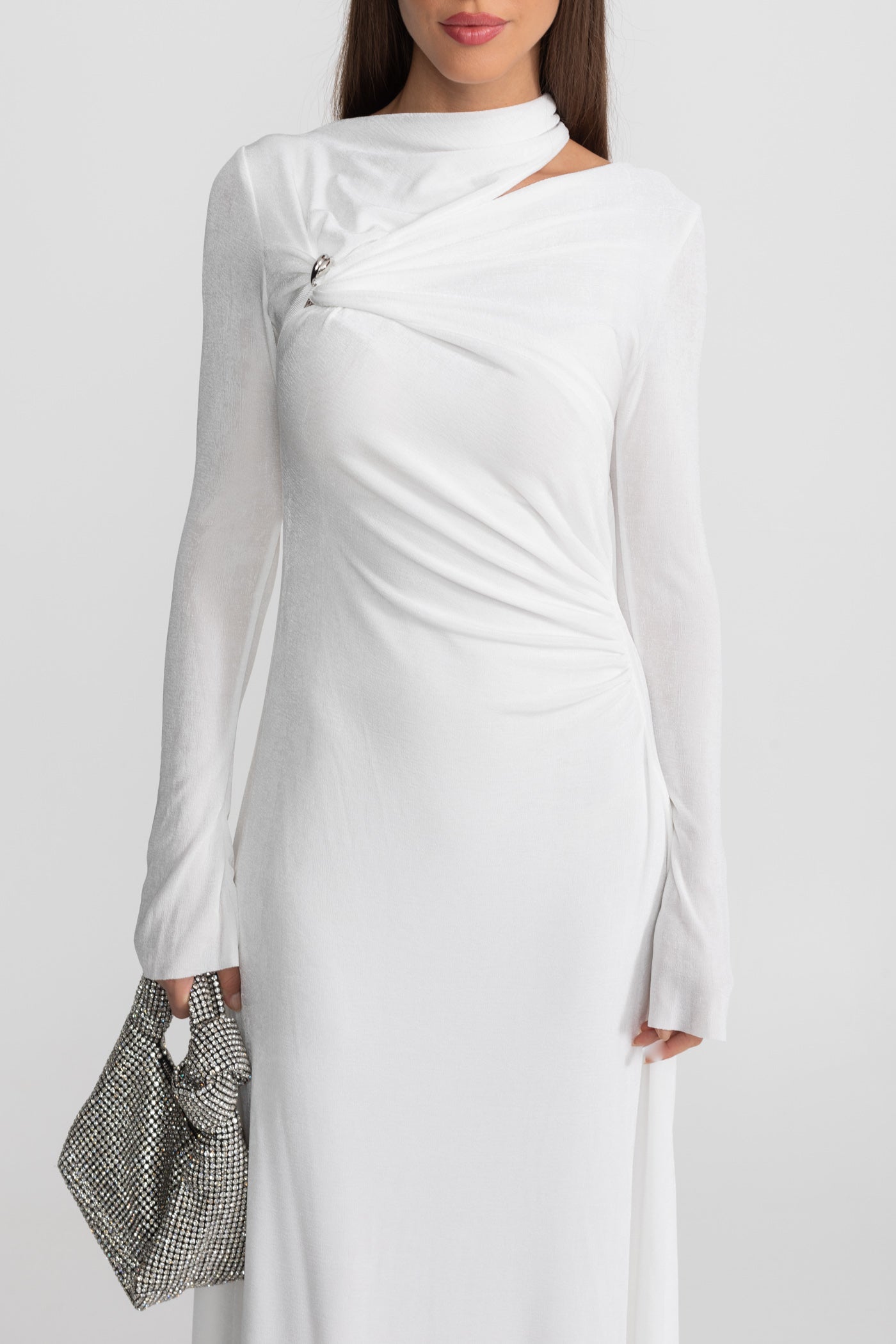 Velvet Maxi Dress with Cut-Out and Draped Detail - White