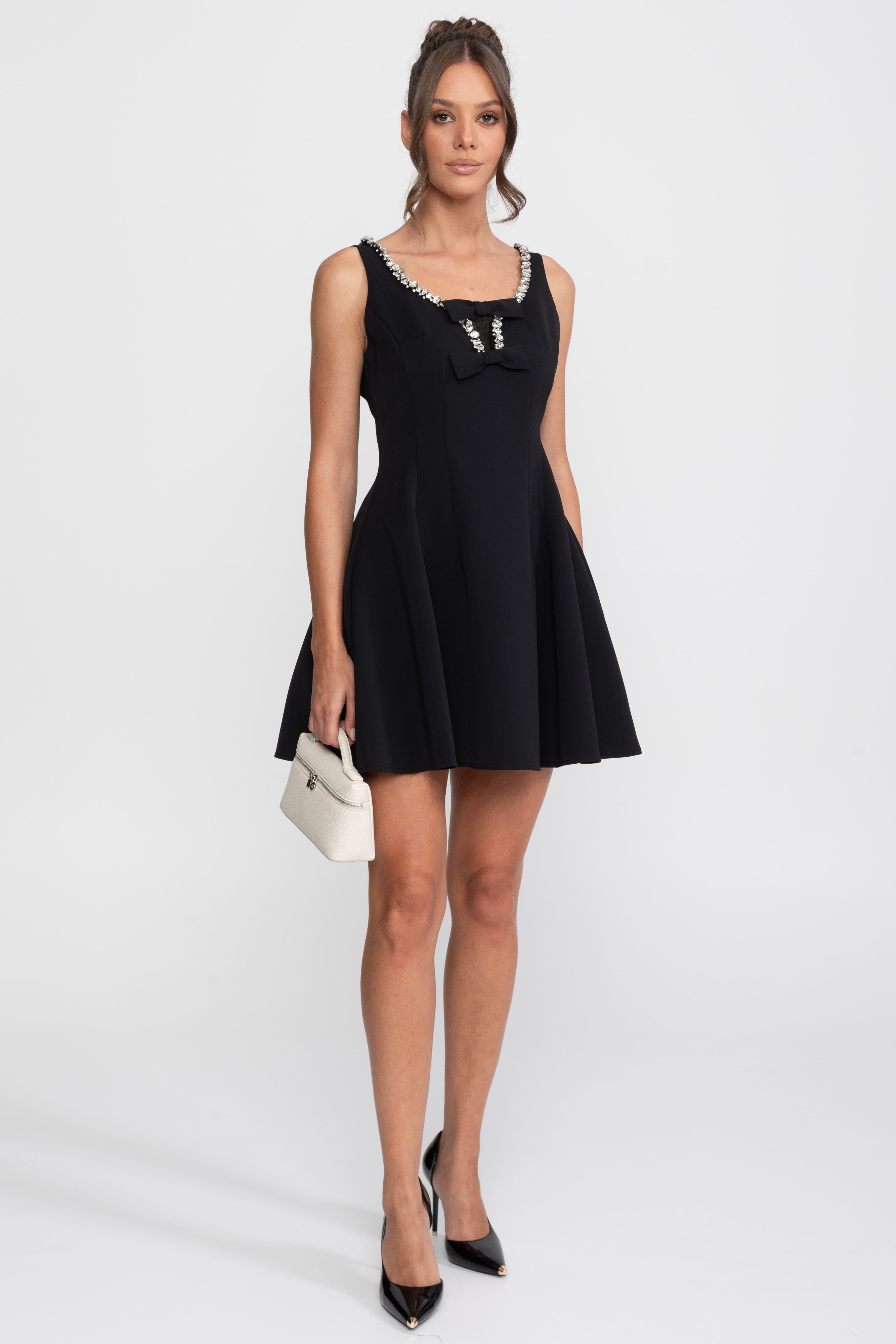Crystal Trim Fit-and-Flare Mini Dress With Chest Bows - Black