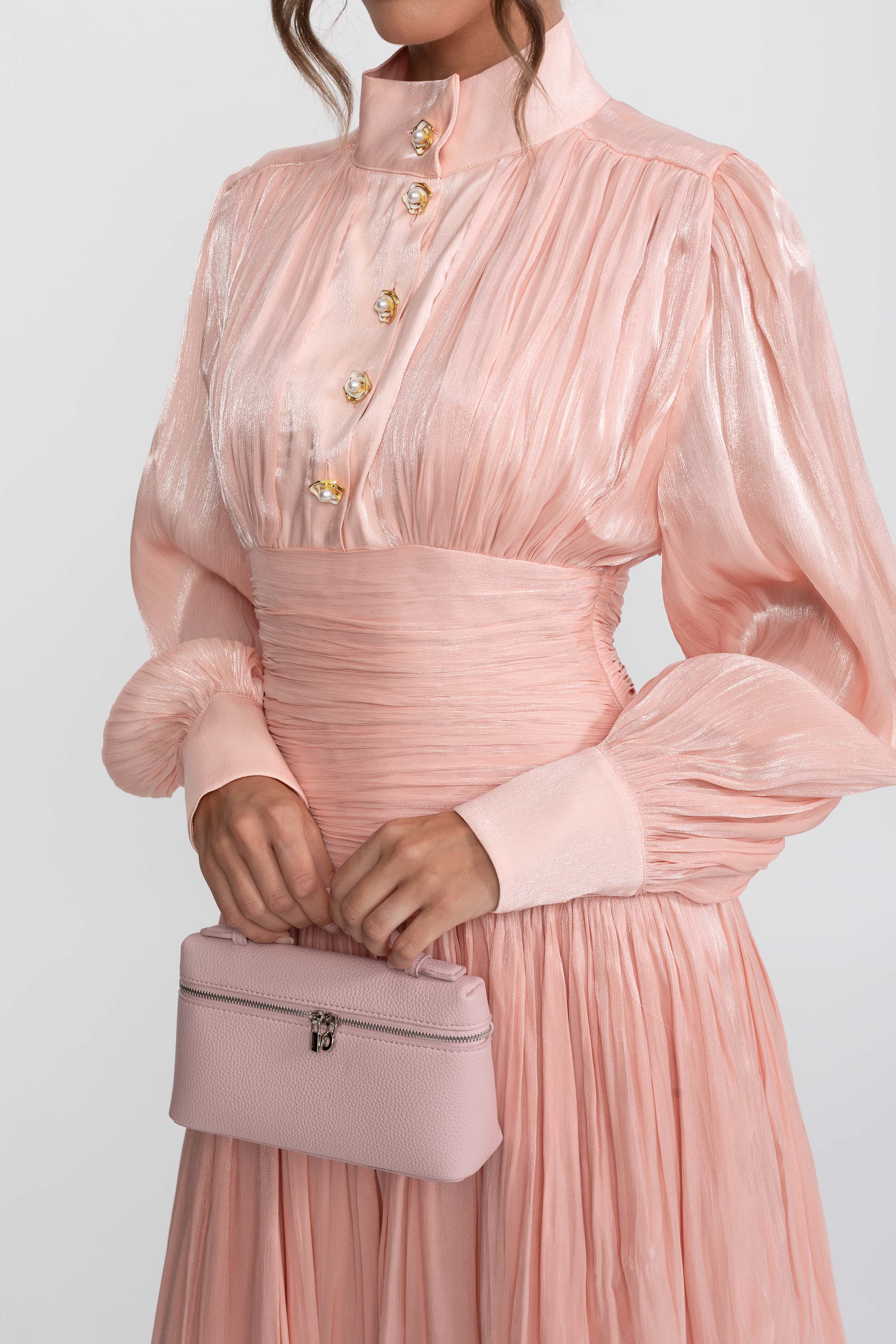 Balloon-Sleeve Tiered Maxi Dress With Jeweled Rose Buttons - Peach