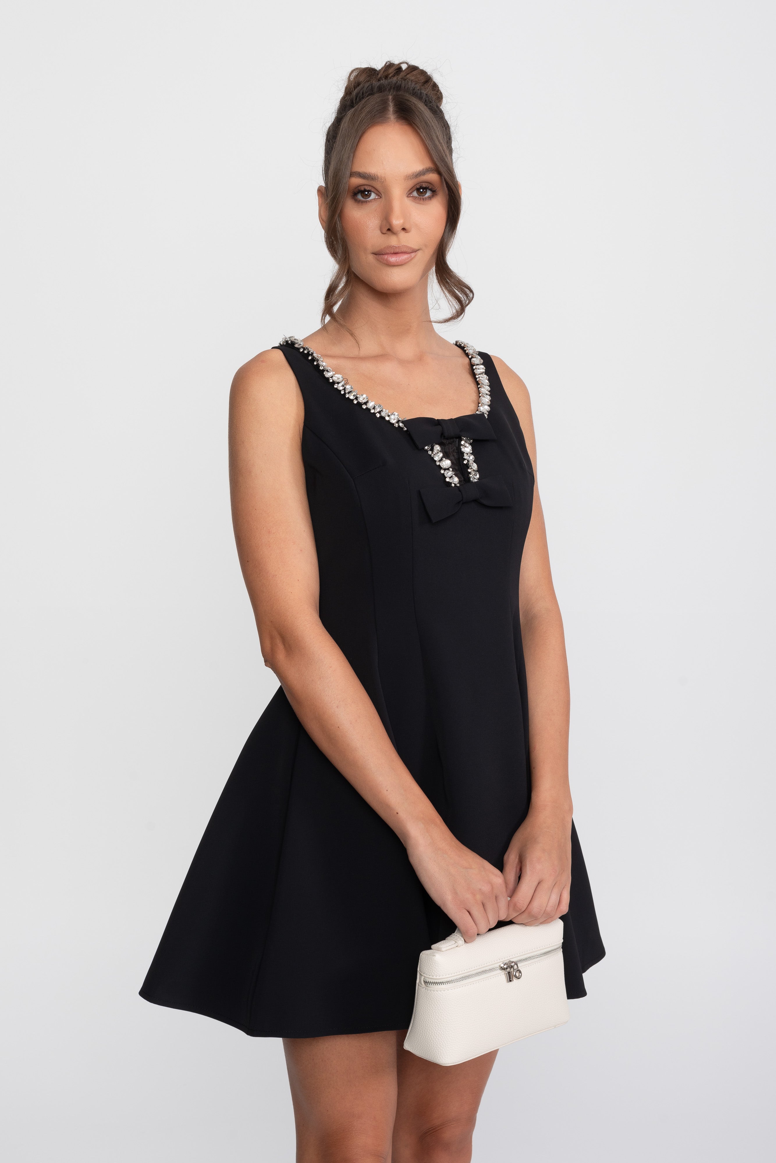 Crystal Trim Fit-and-Flare Mini Dress With Chest Bows - Black