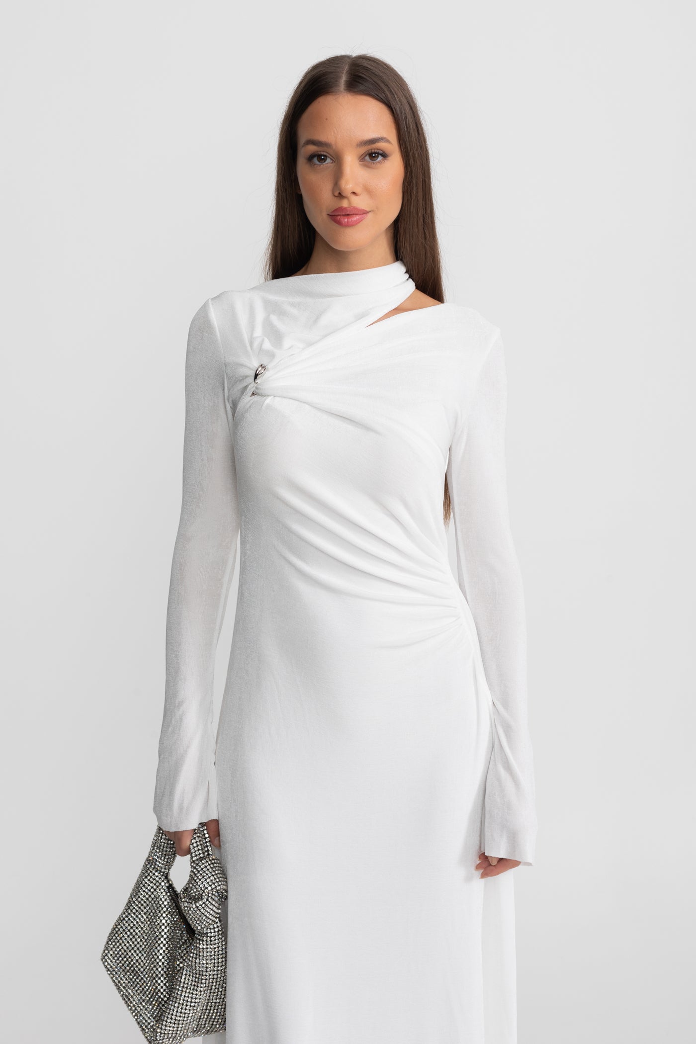 Velvet Maxi Dress with Cut-Out and Draped Detail - White