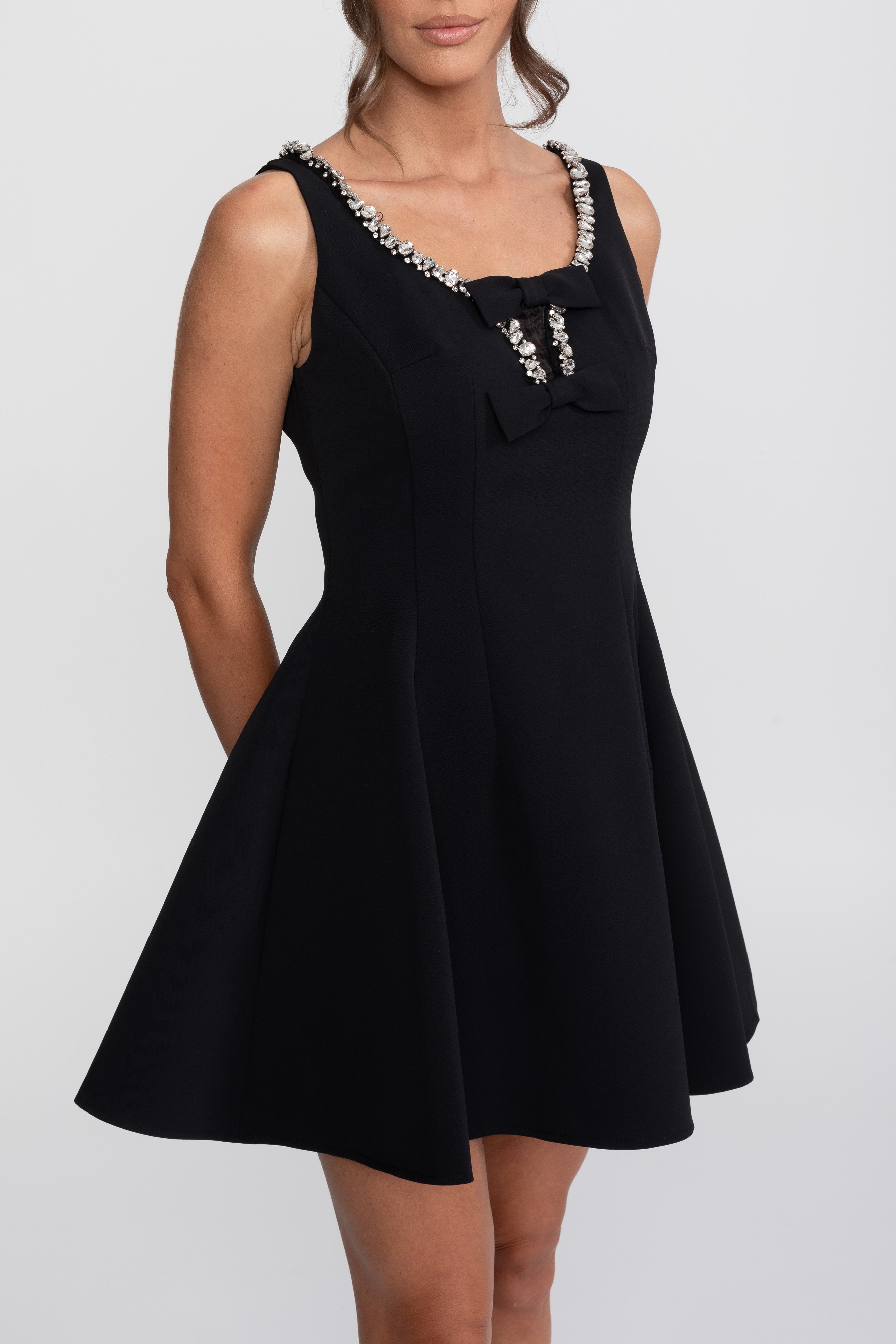 Crystal Trim Fit-and-Flare Mini Dress With Chest Bows - Black