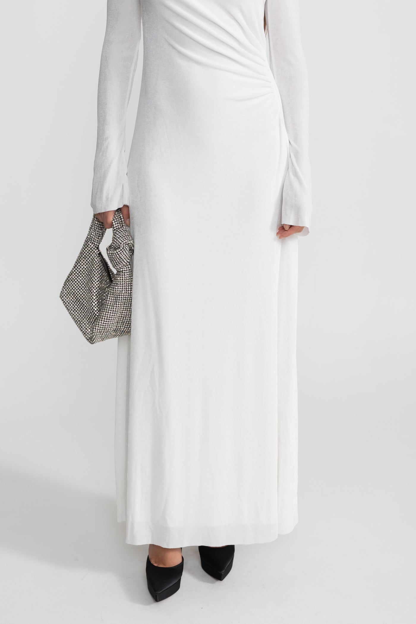Velvet Maxi Dress with Cut-Out and Draped Detail - White