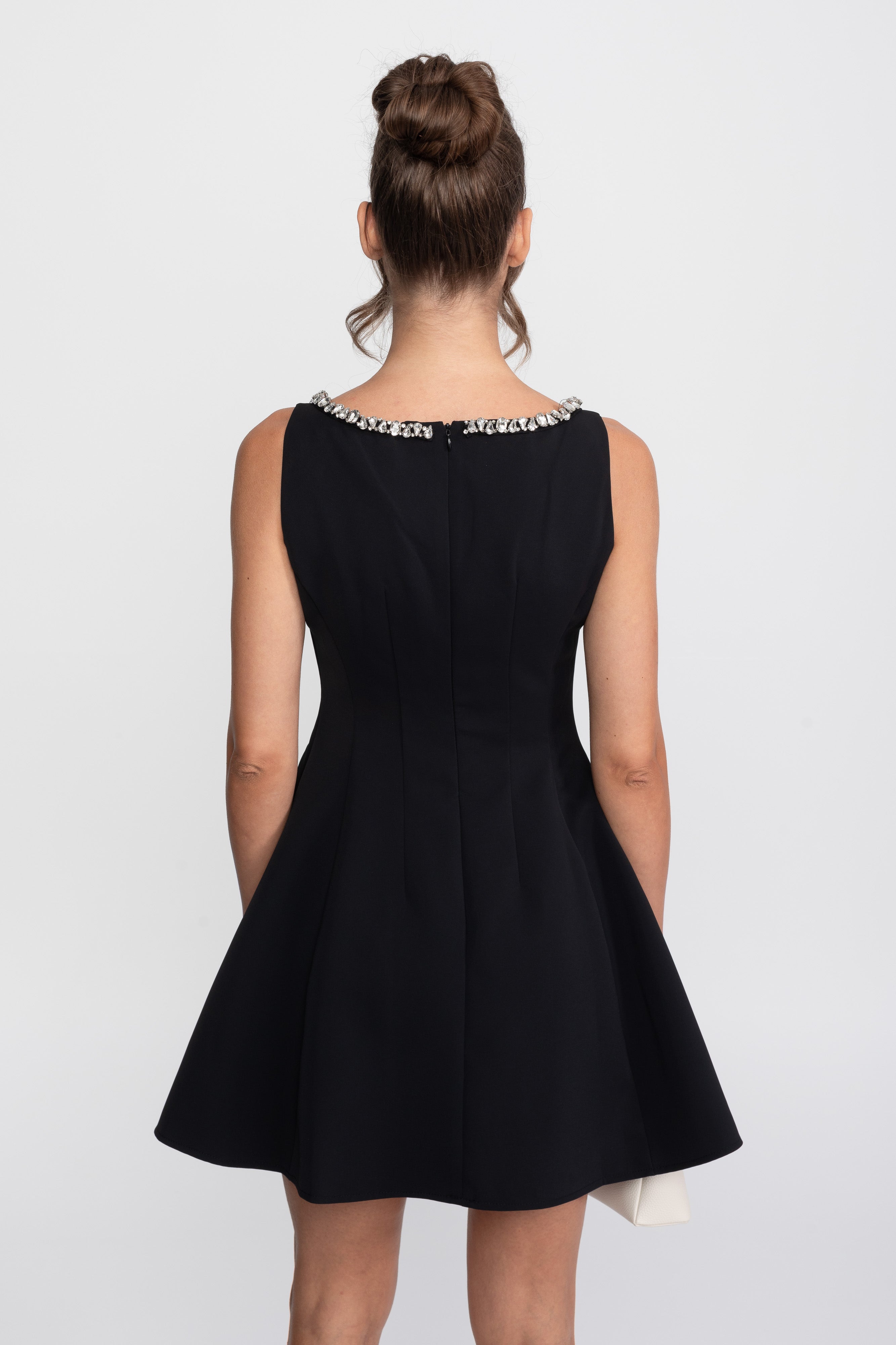 Crystal Trim Fit-and-Flare Mini Dress With Chest Bows - Black