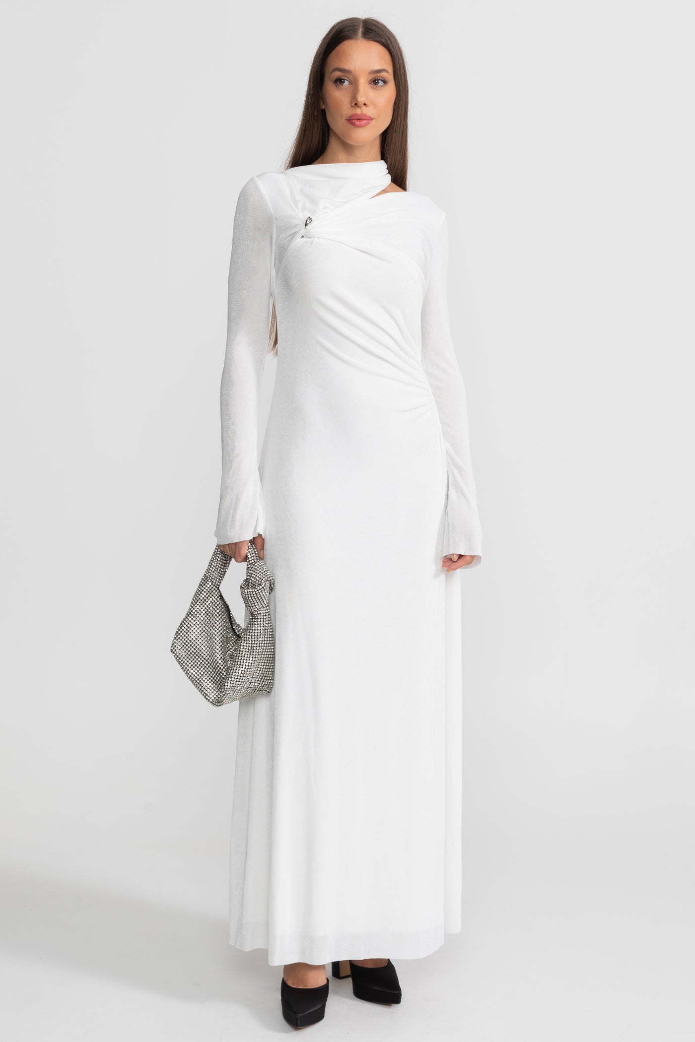 Velvet Maxi Dress with Cut-Out and Draped Detail - White