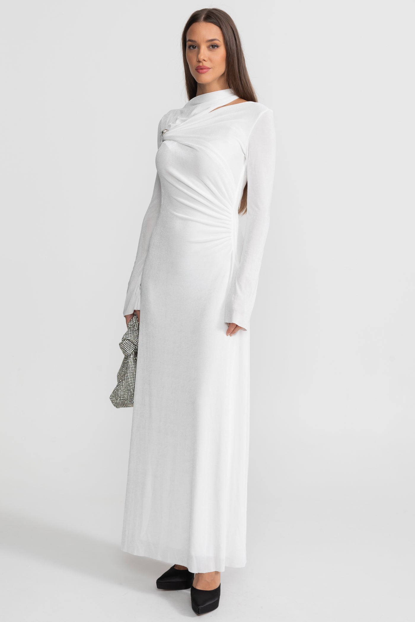 Velvet Maxi Dress with Cut-Out and Draped Detail - White