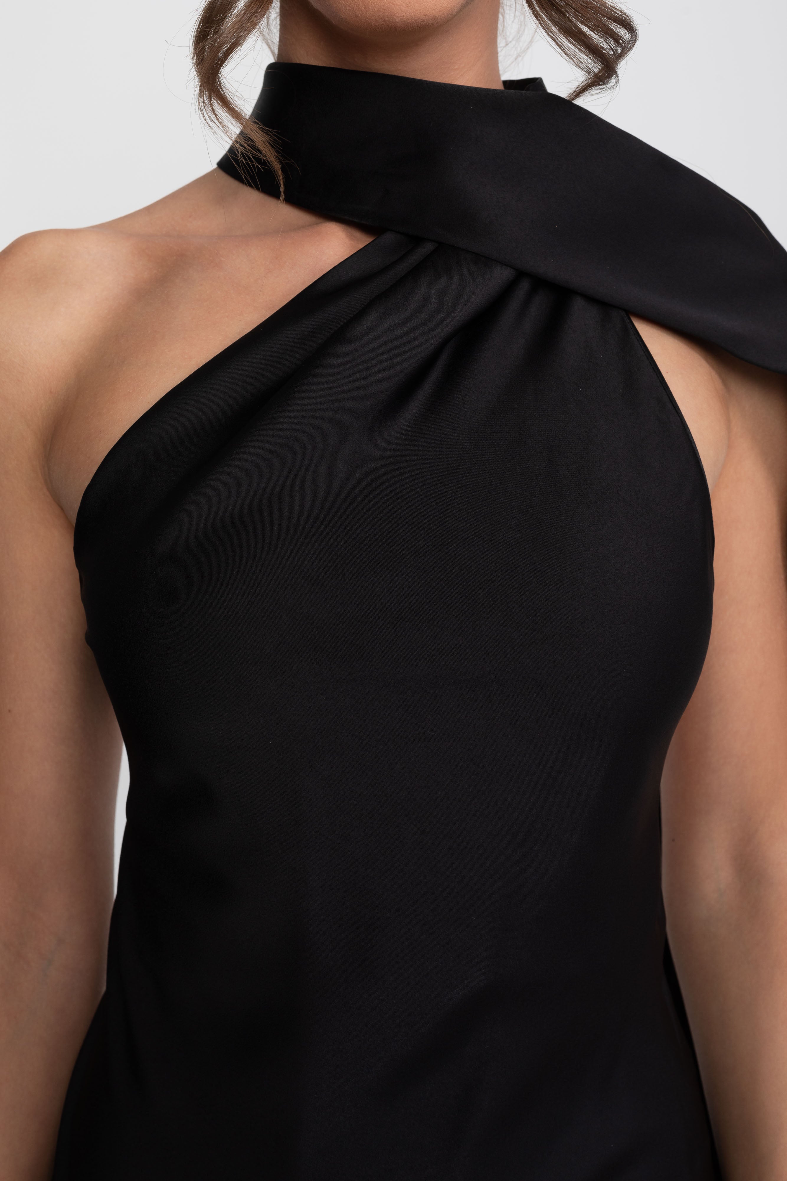 Twist Halter Satin Slip Dress With Asymmetric Neckline - Black