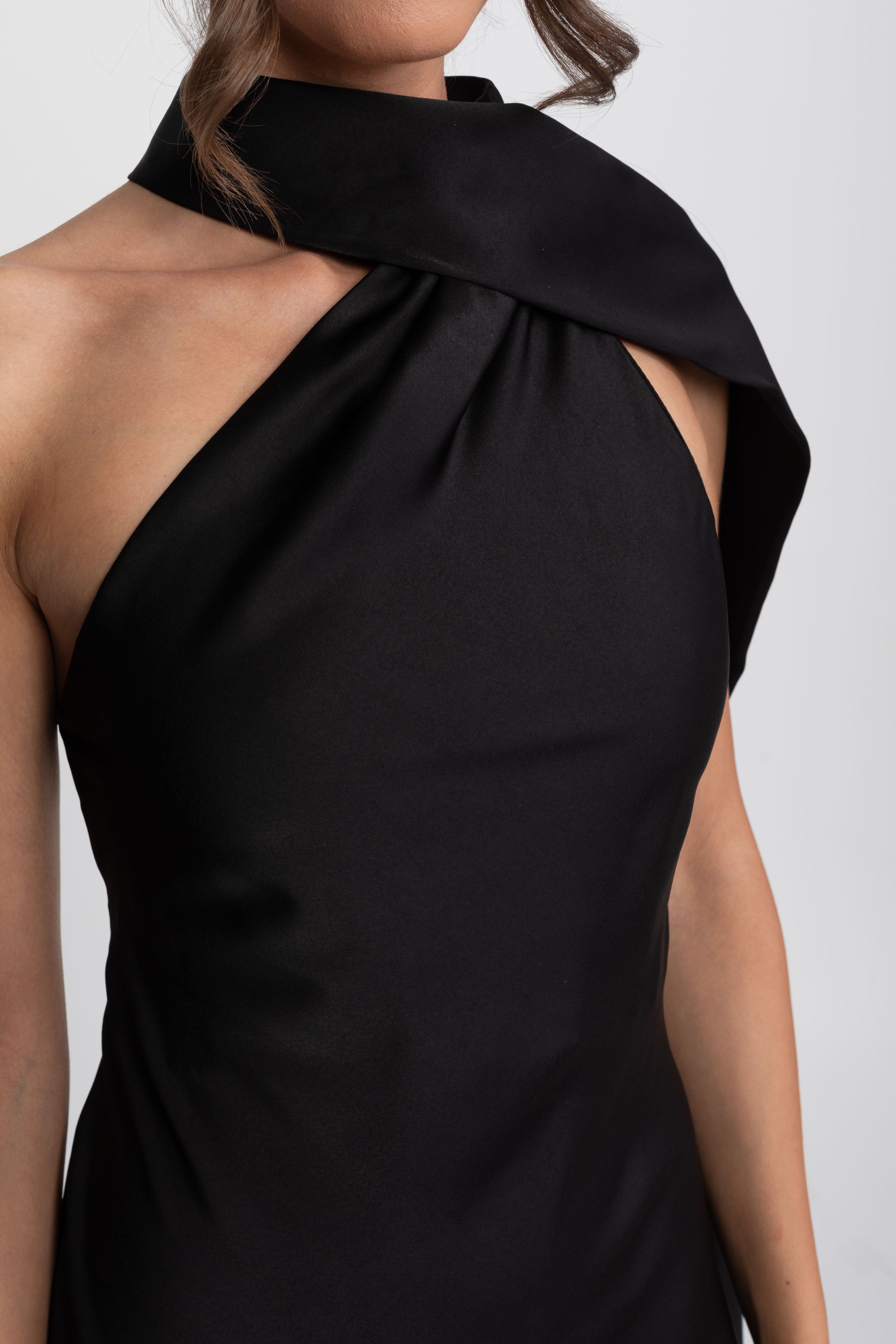 Twist Halter Satin Slip Dress With Asymmetric Neckline - Black