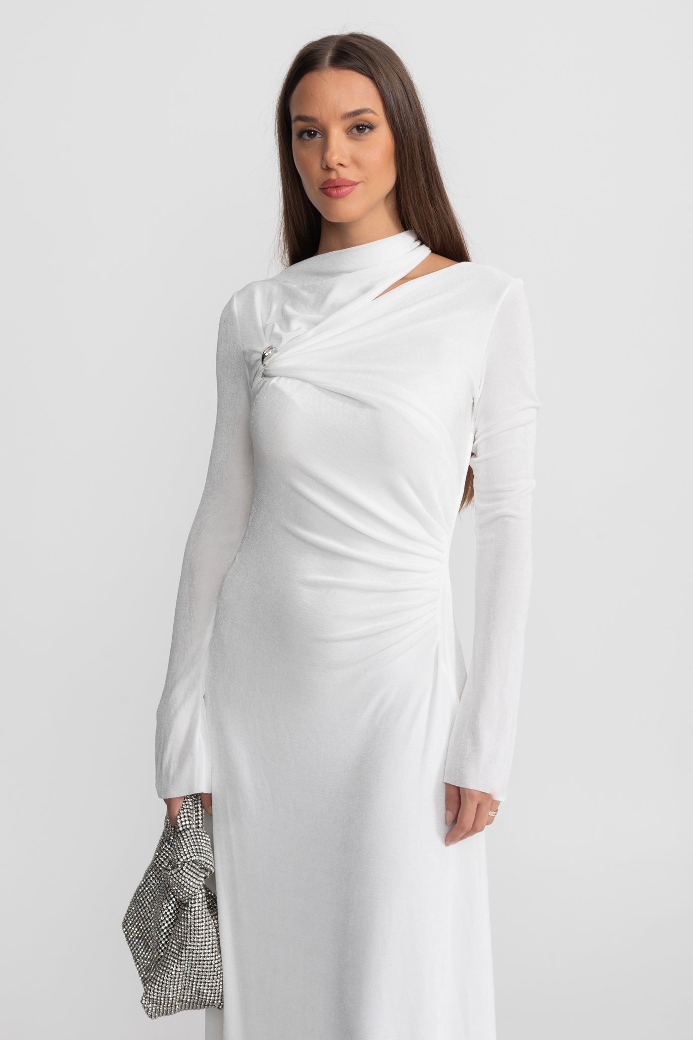 Velvet Maxi Dress with Cut-Out and Draped Detail - White